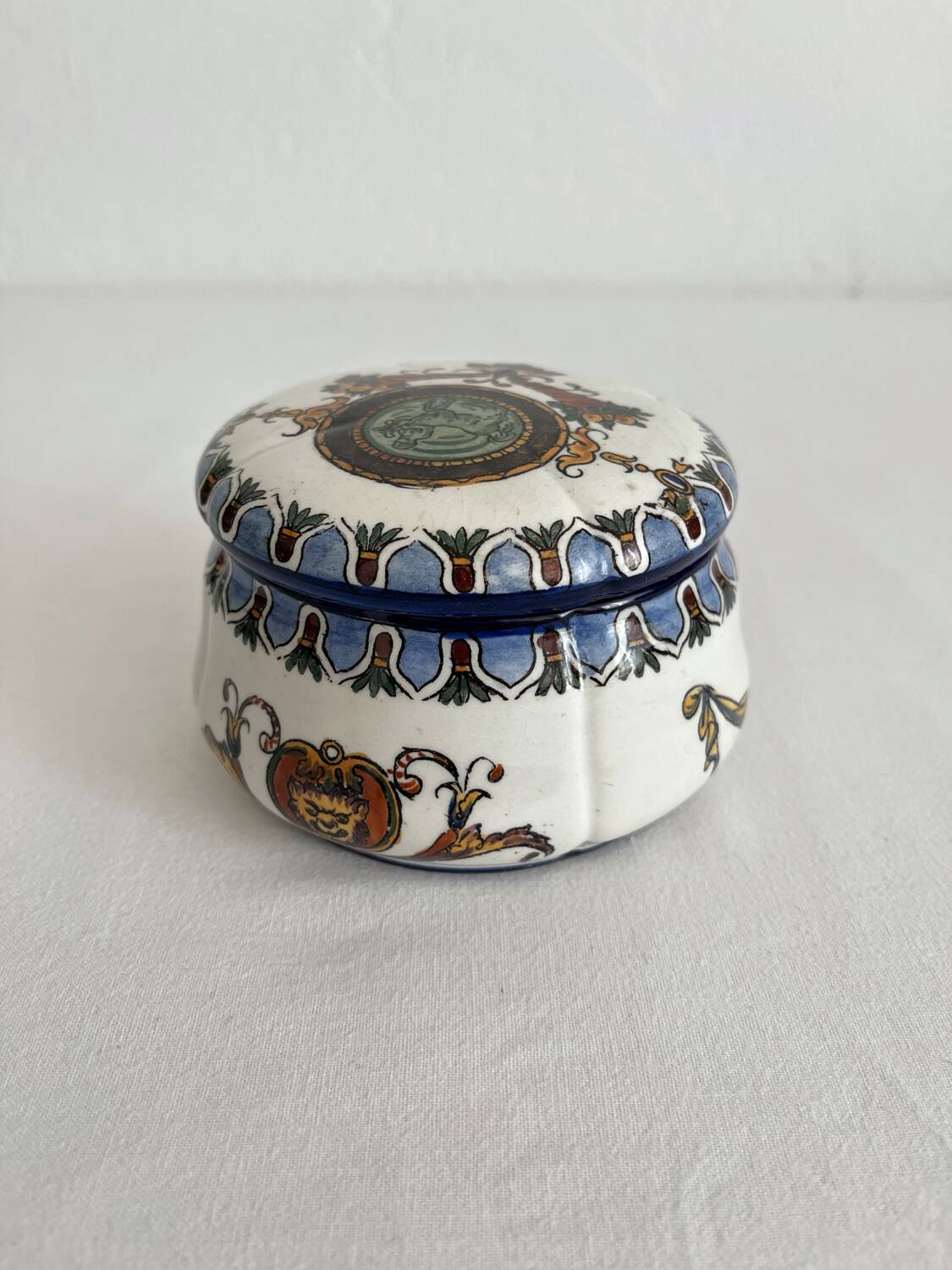 Antique Gien earthenware candy box with Renaissance decor