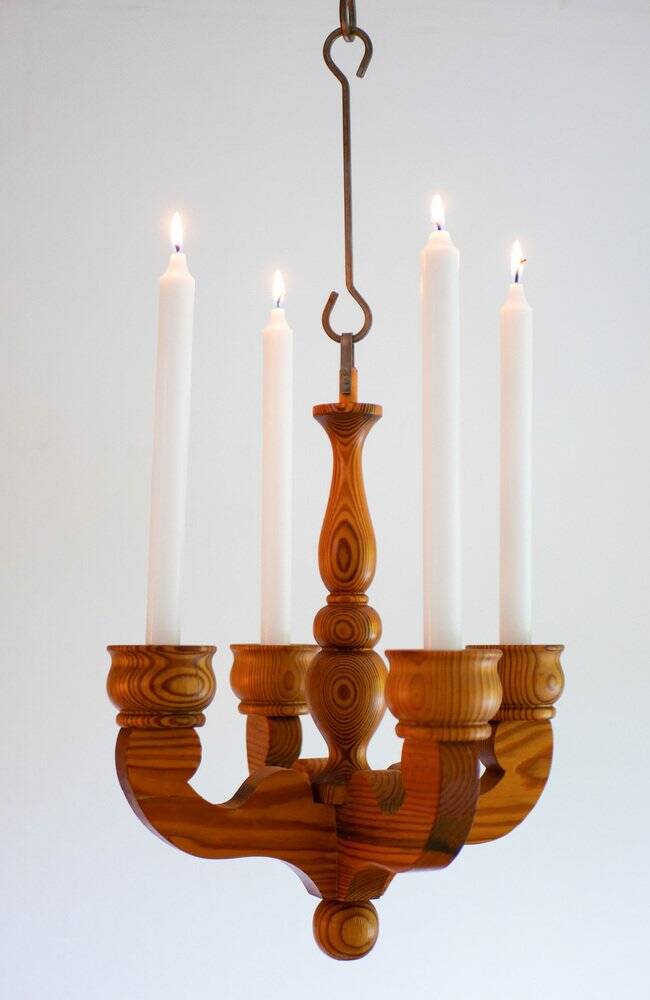 Rustic wooden pendant chandelier candleholder from Smålandsslöjd, Sweden, 1975