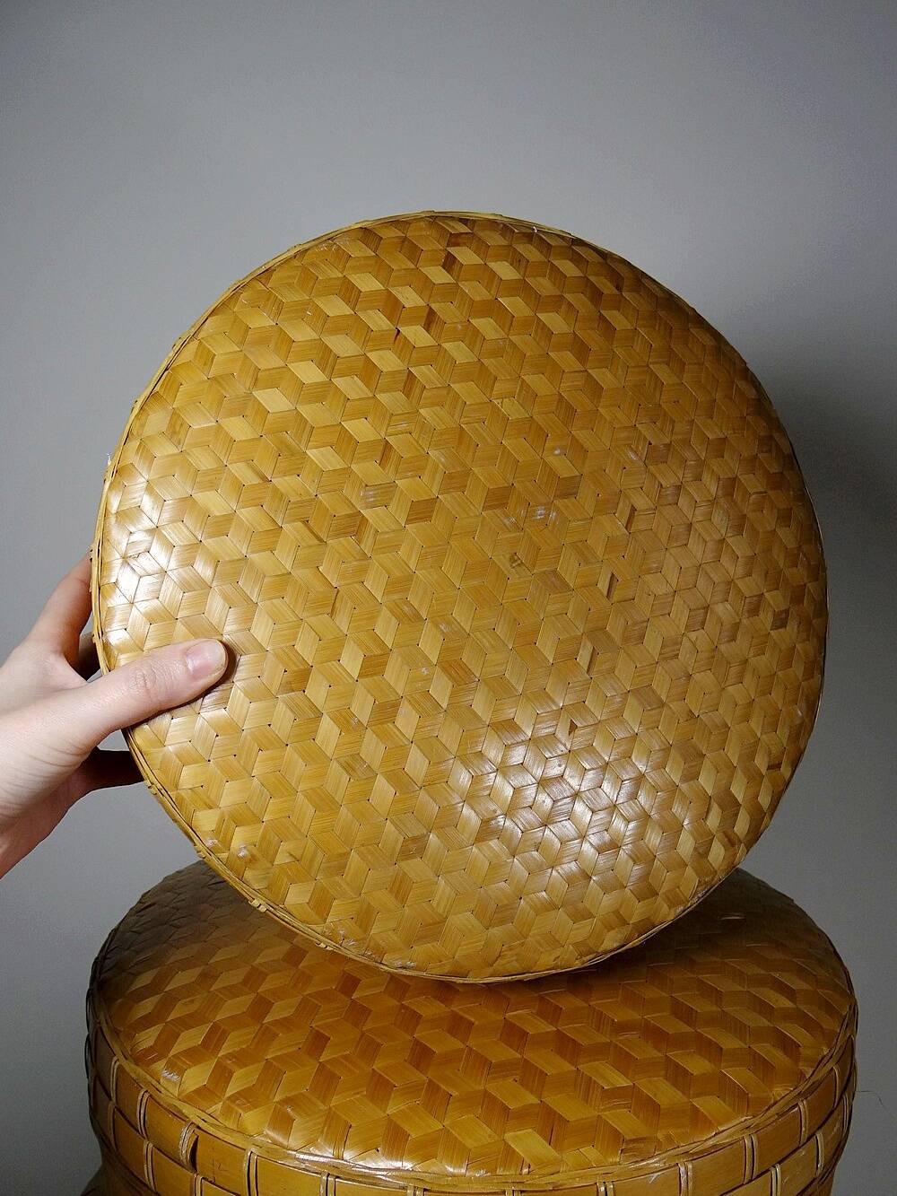 4 boîtes gigognes en bambou tressé, artisanat asiatique vintage
