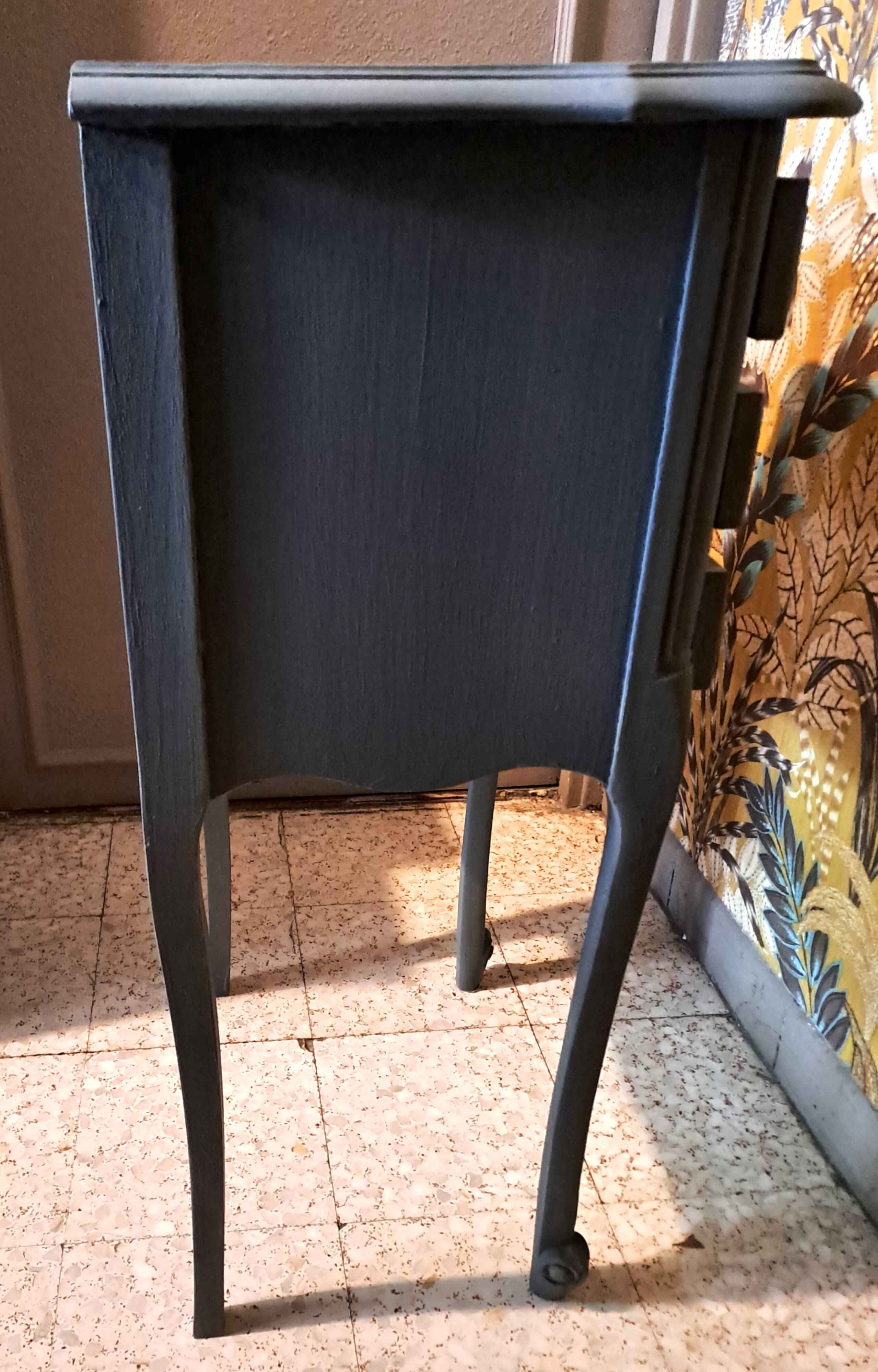 1950 bedside table in painted wood, trench grey color, renovated, 3 drawers