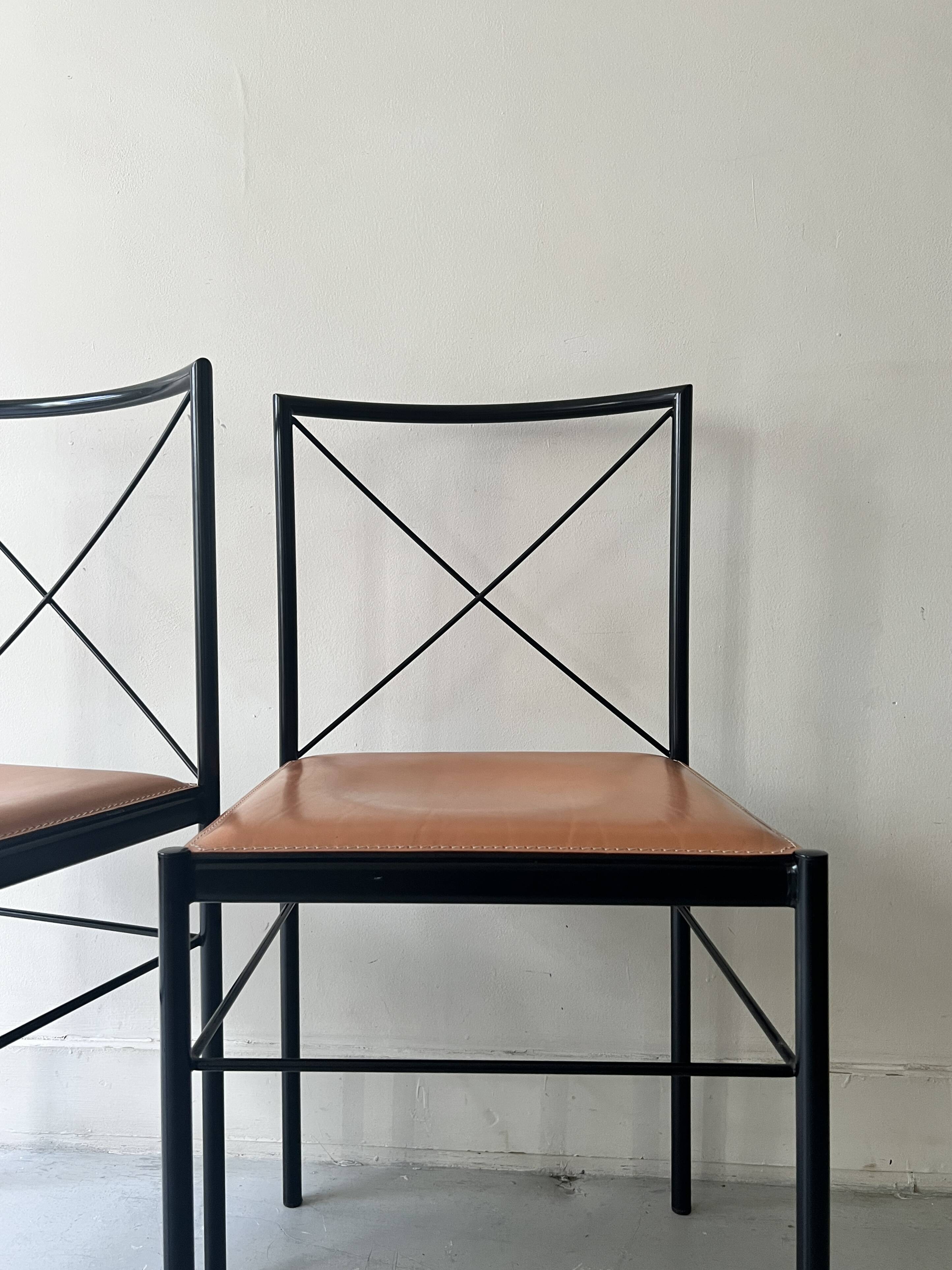Set of 2 designer chairs in metal and cognac leather, Arrben Italy