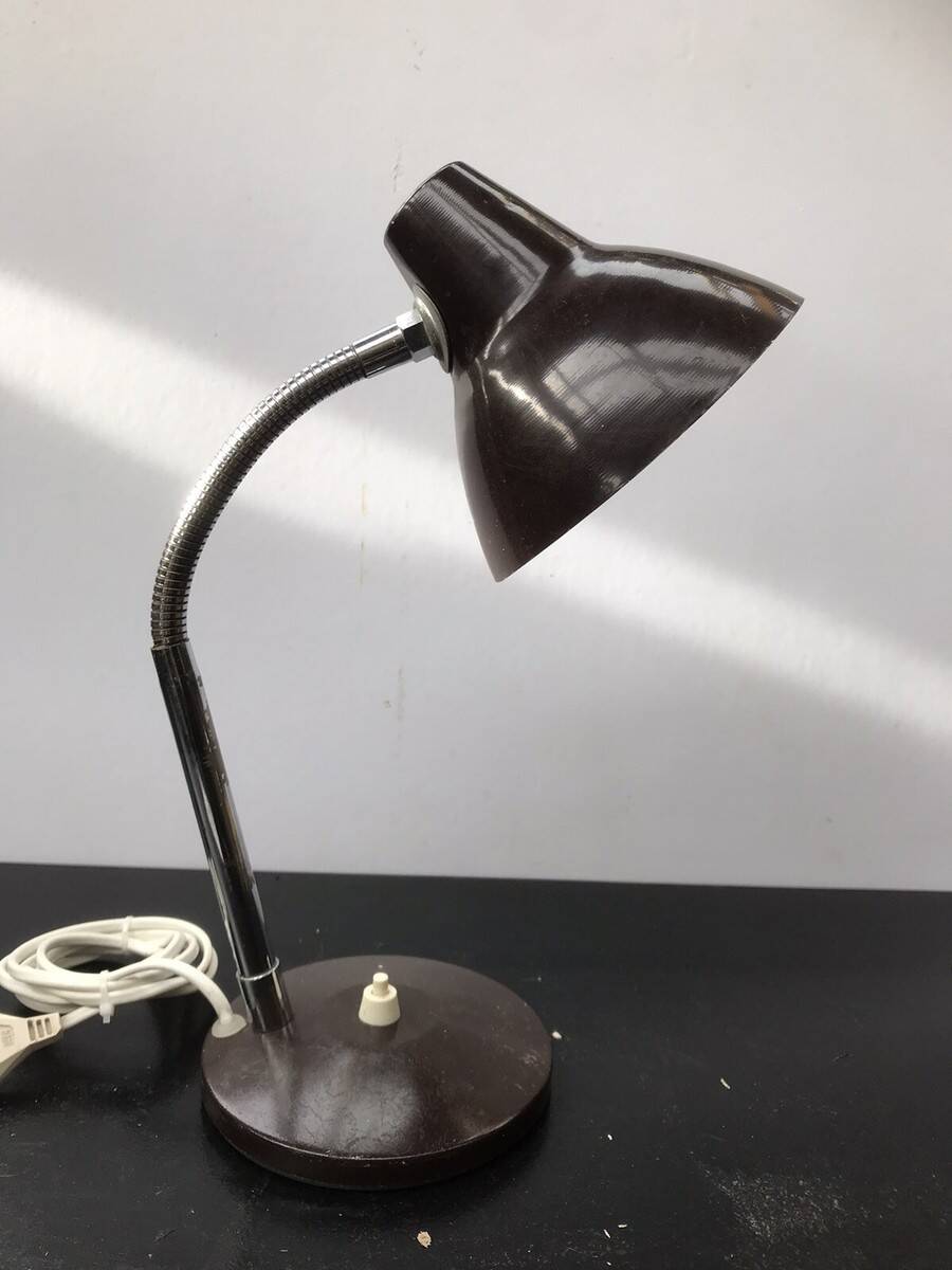 Brown Metal Desk Lamp with Flexible Chrome Arm, 1970s Industrial Vintage