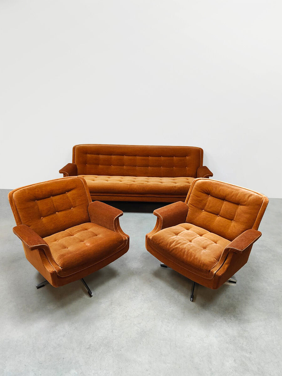 Midcentury lounge set swivel armchairs & sofa 'Madmen style'