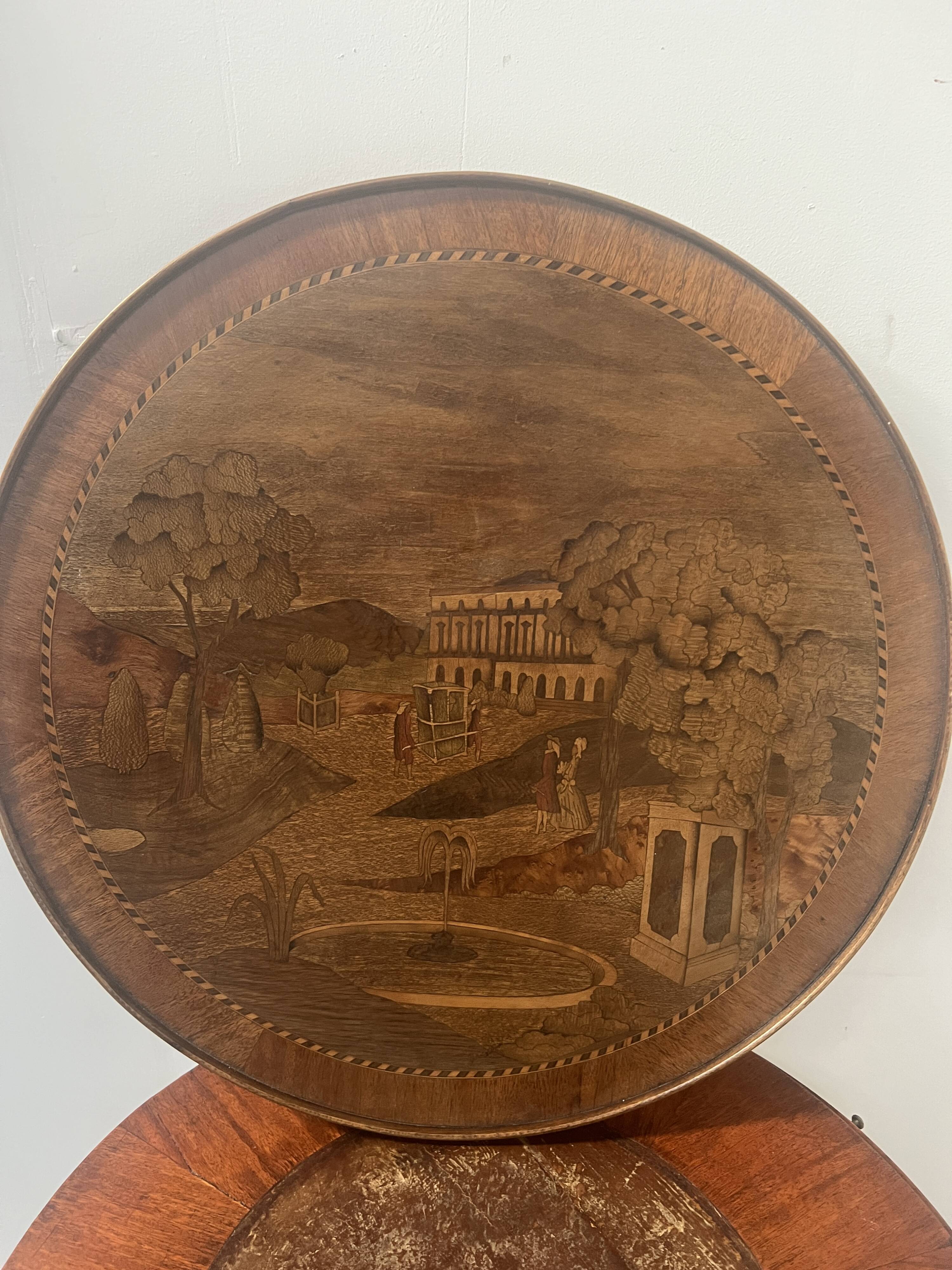 Louis XVI style marquetry pedestal table with removable top, 20th century