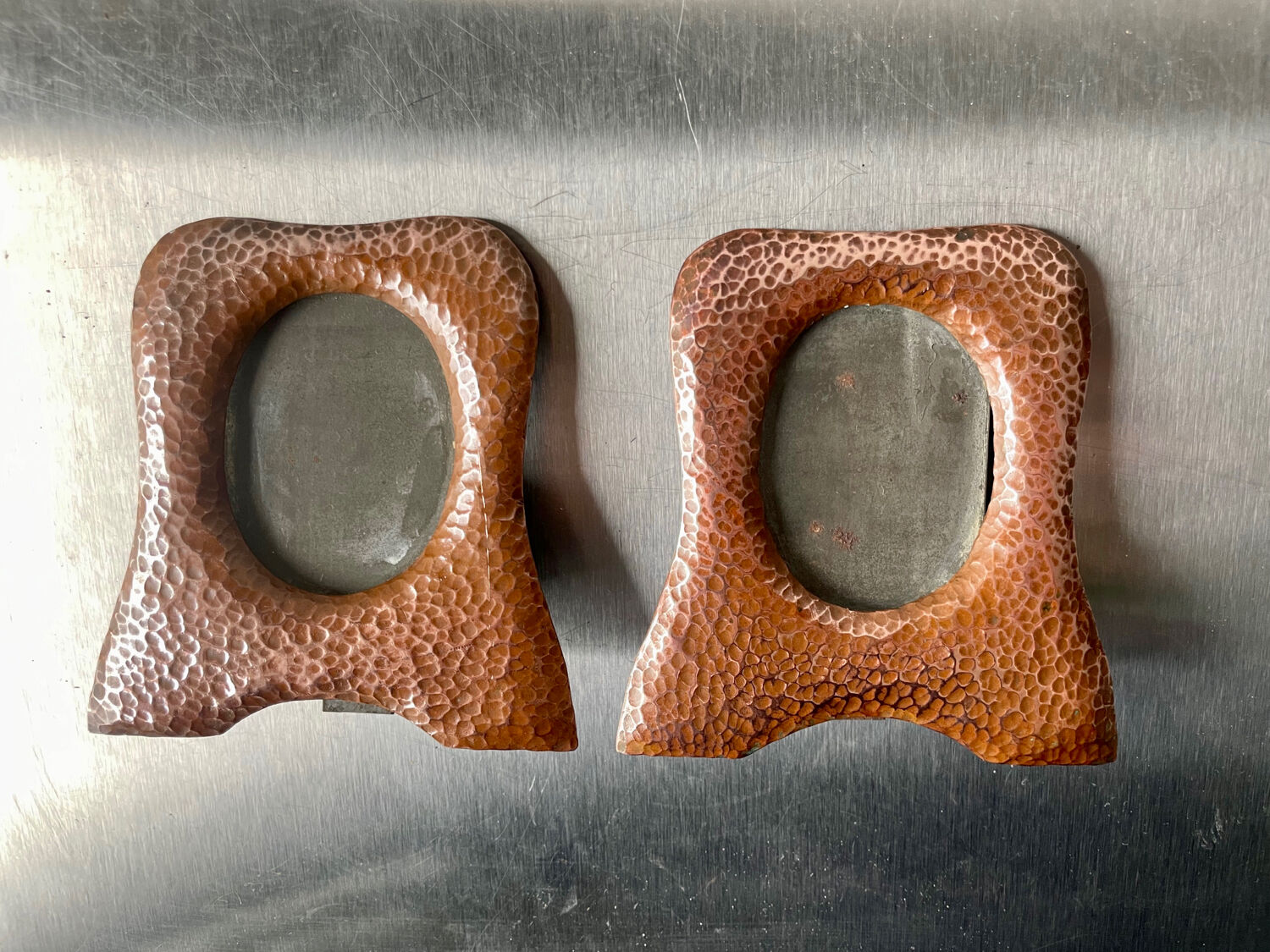 Pair of antique art nouveau copper metal photo frame  hammered copper