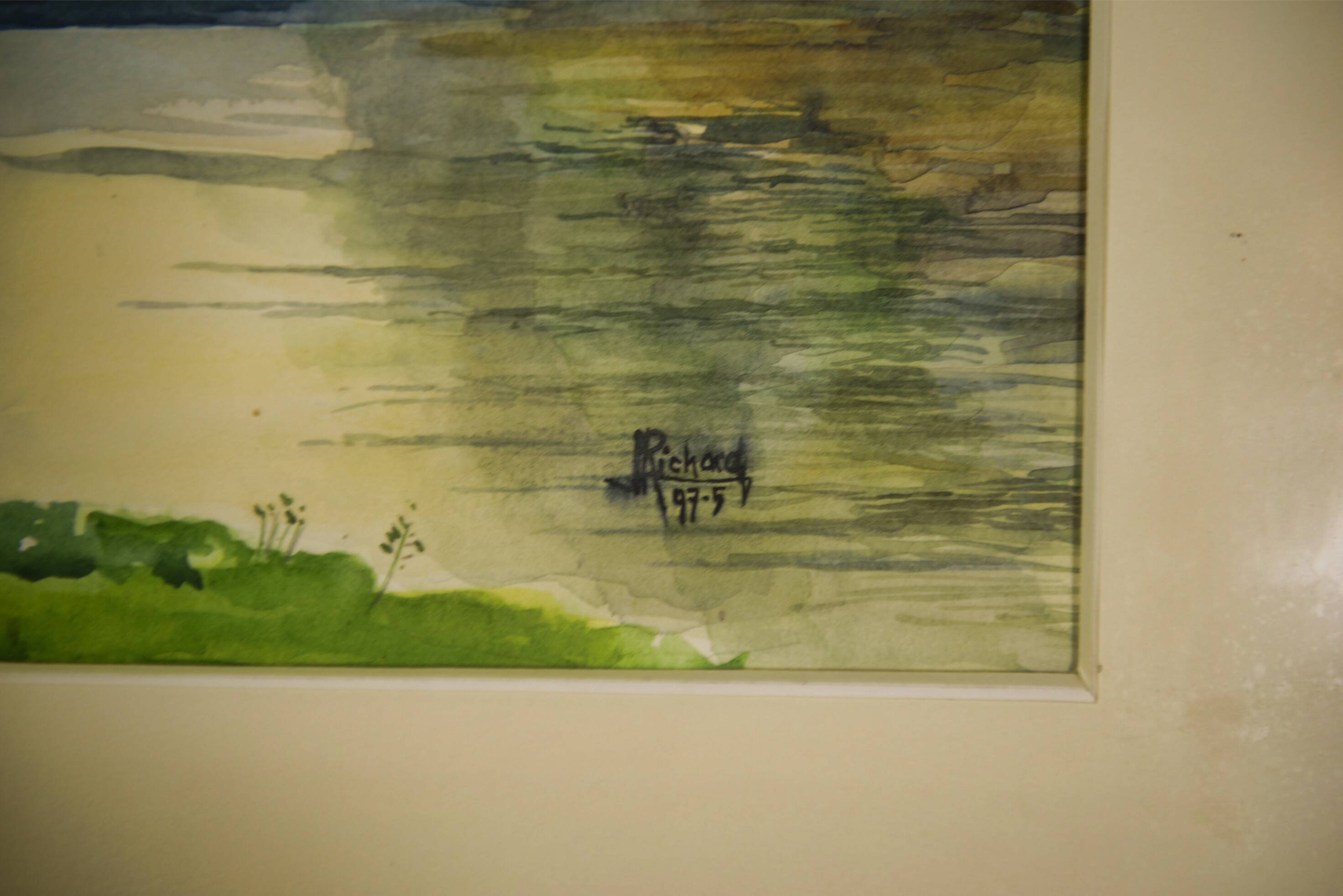 Watercolour riverbank by J. Richard 1975