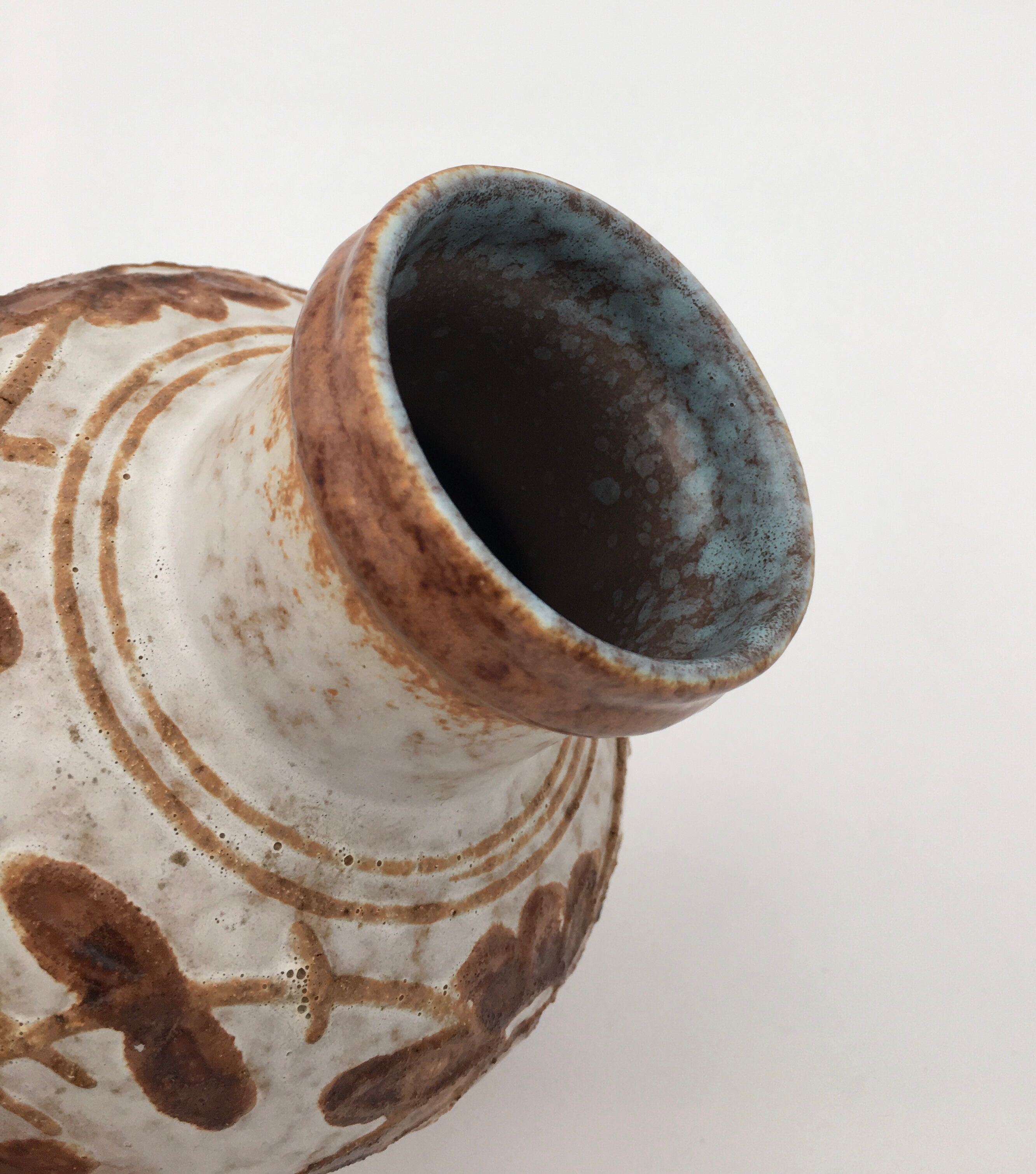 Vintage glazed ceramic vase, floral pattern, brown, beige - 1970s