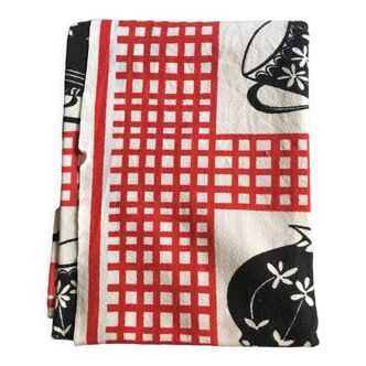 Vintage tea towel black & red patterns