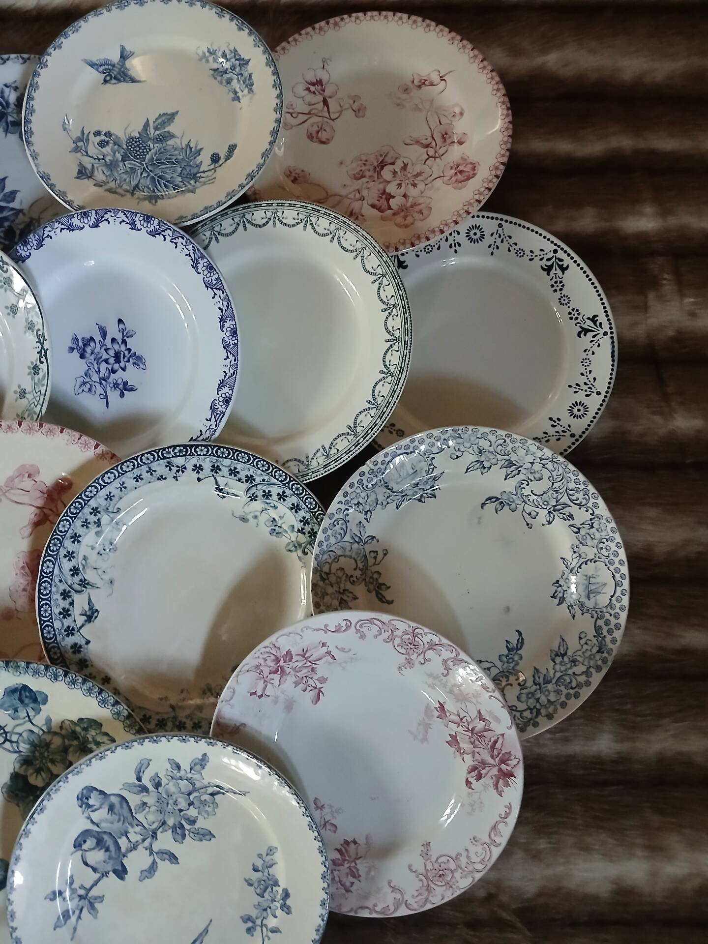 20 mismatched antique flat plates in ironstone