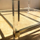 Square plexiglass coffee table, brass and glass Pierre Vandel