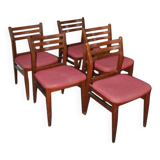 Set of 5 brown wooden chairs from the 70s, with red fabric seats - 2 with armrests.