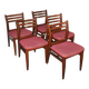 Set of 5 brown wooden chairs from the 70s, with red fabric seats - 2 with armrests.