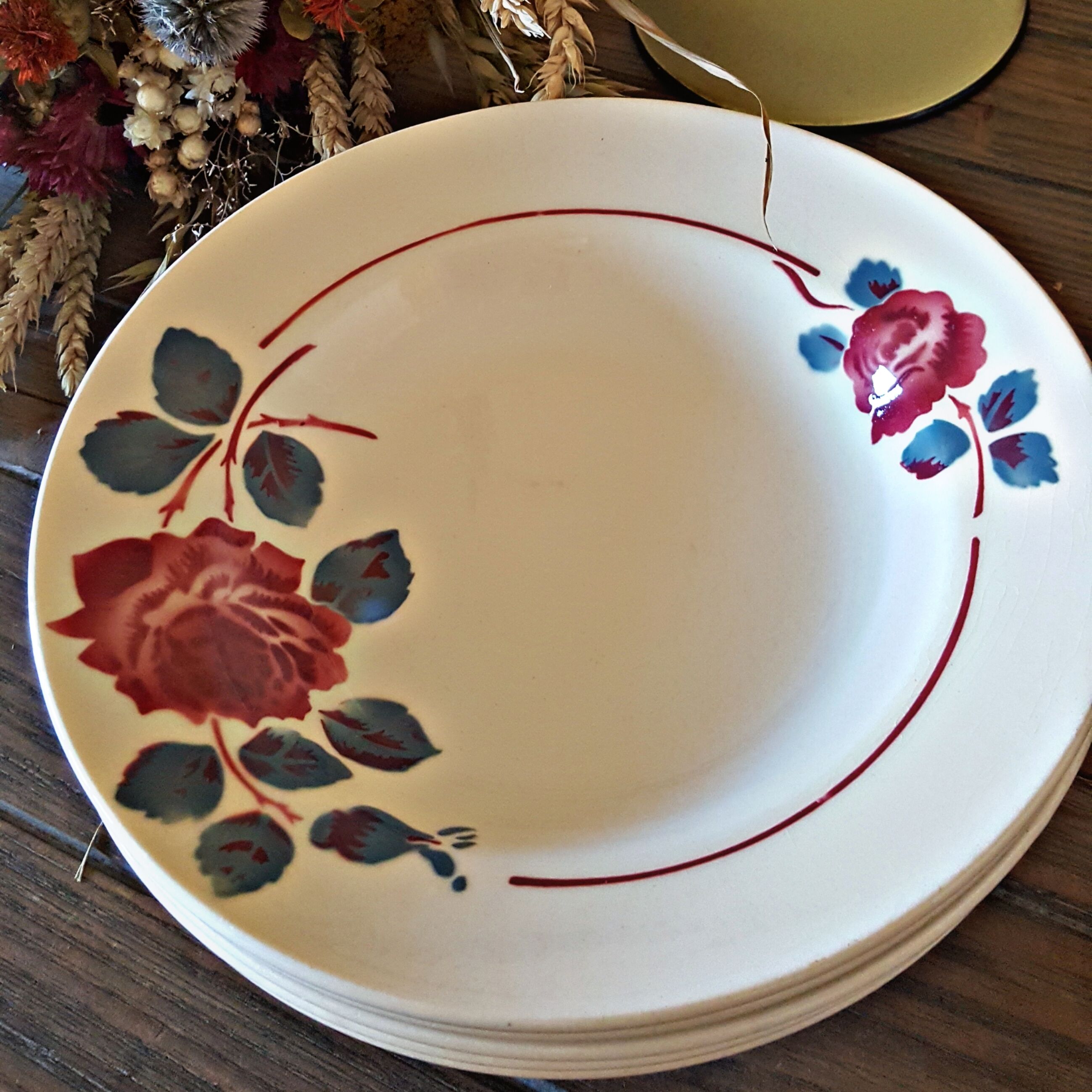 6 hollow Plates Badonviller porcelain floral pattern (roses)