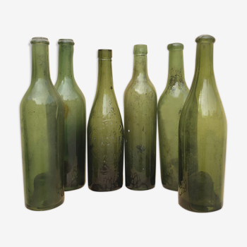 Set of 6 old bottles of homemade blown glass