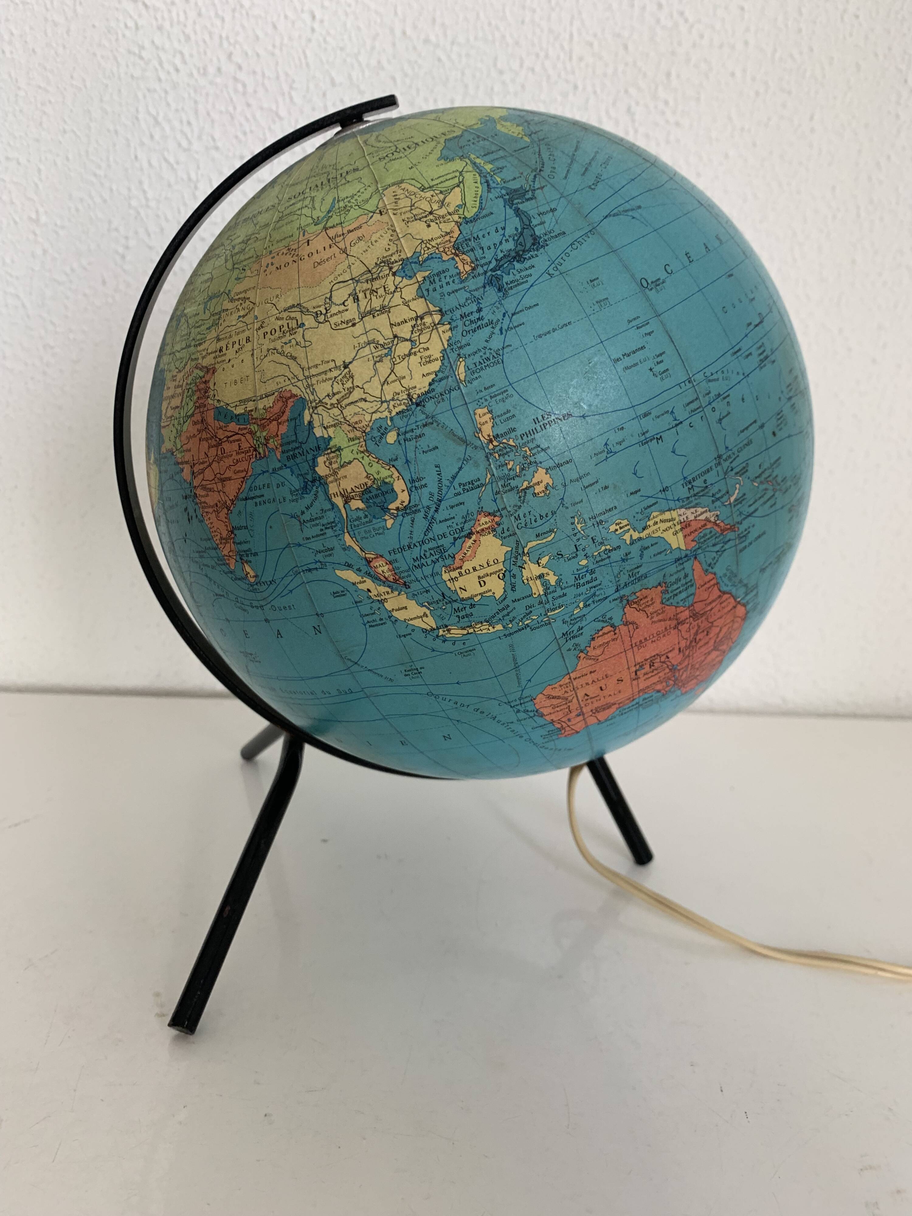 Globe vintage 1967 terrestre tripode Taride verre - 29 cm