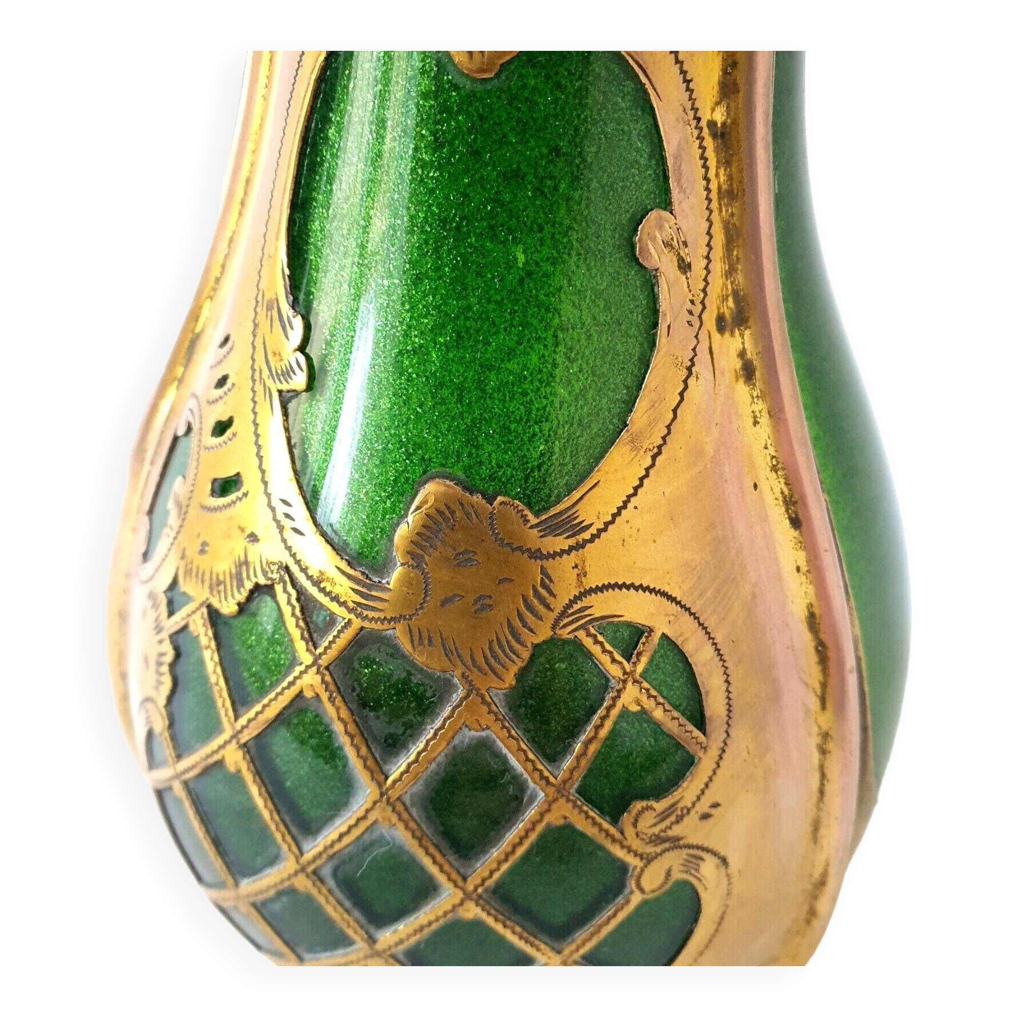 Soliflore vase legras imperial green copper decors enhanced with gold unsigned
