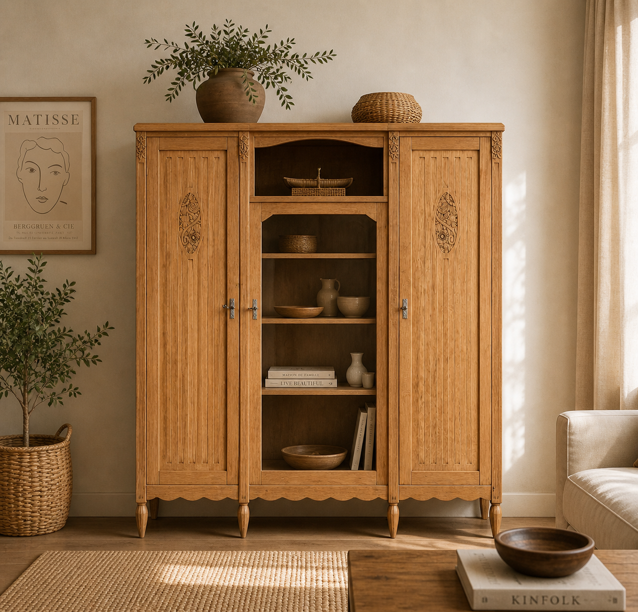 Asymmetrical Art Deco glass-fronted Parisian wardrobe in raw oak, 1930.