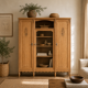 Asymmetrical Art Deco glass-fronted Parisian wardrobe in raw oak, 1930.