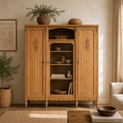 Asymmetrical Art Deco glass-fronted Parisian wardrobe in raw oak, 1930.