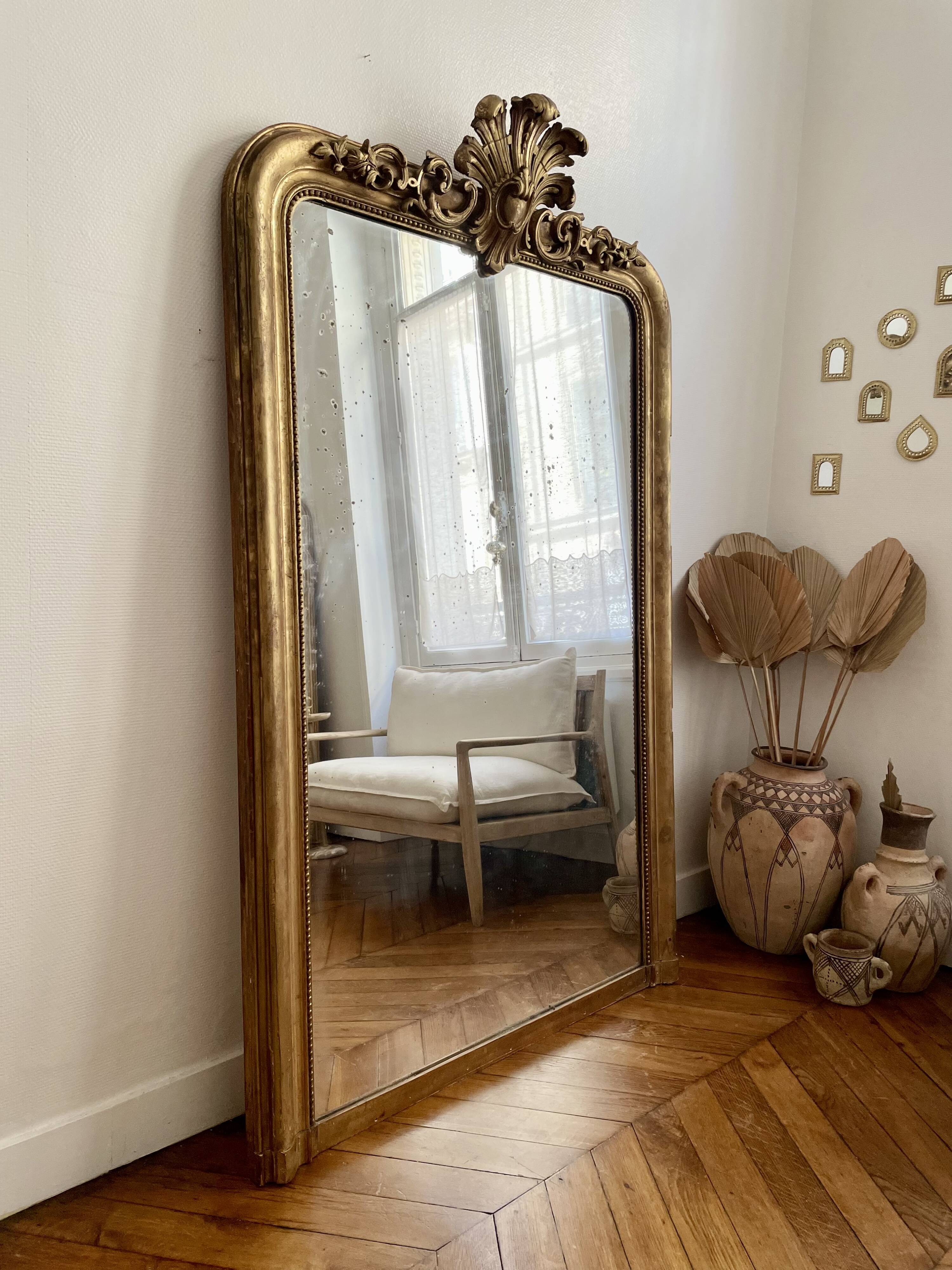 Old mirror louis Philippe Dore gold leaf pediment gilded fireplace