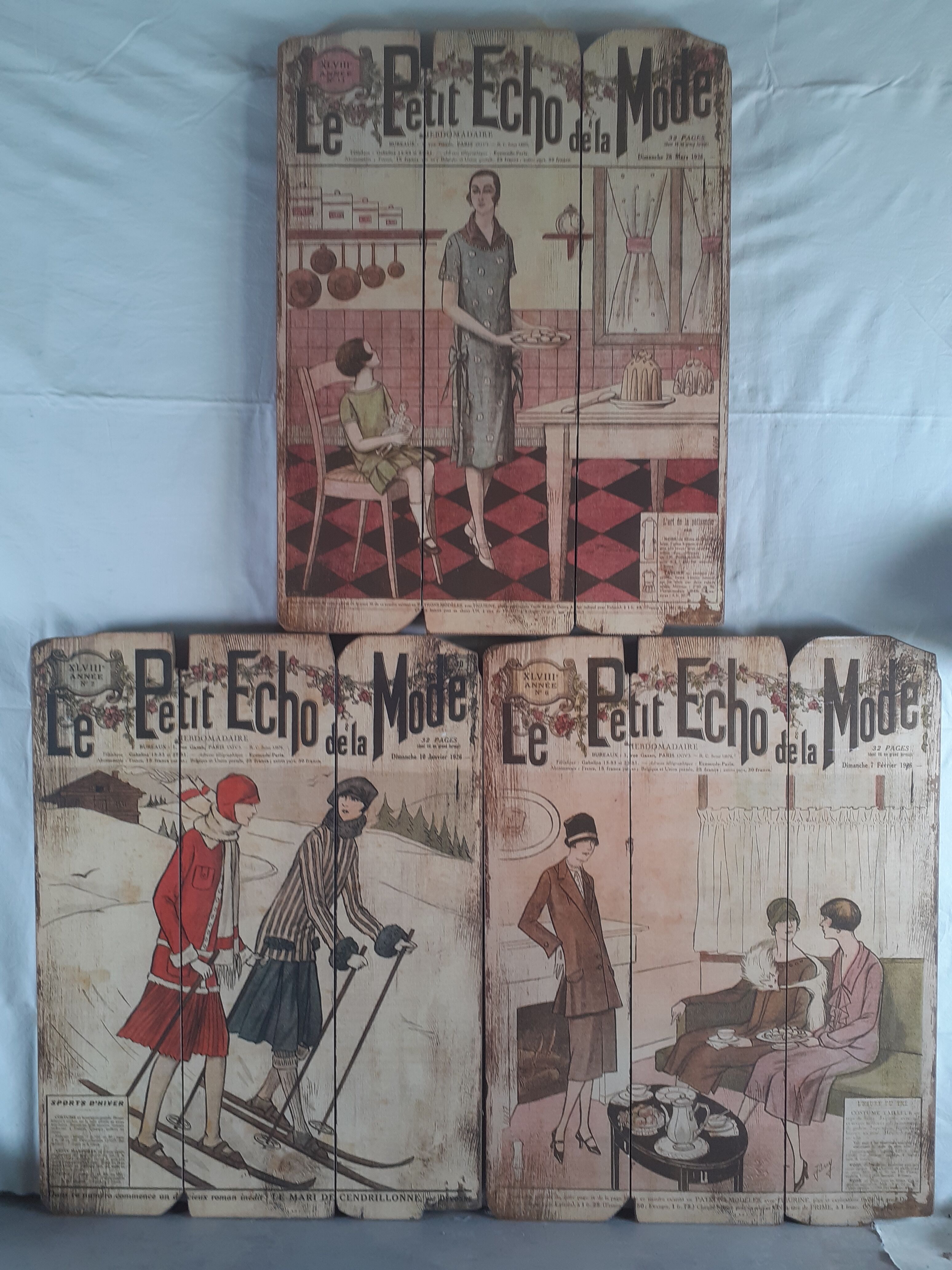 Set of 3 wooden panels le petit echo de la mode old revue
