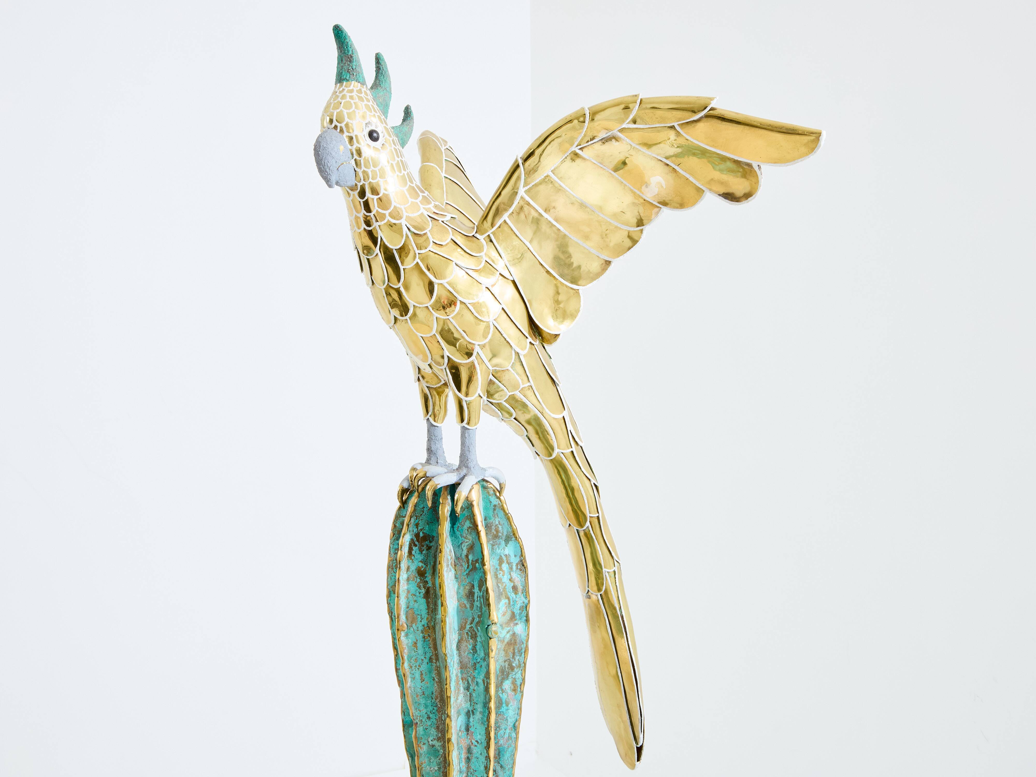 Brass cactus and parrot sculpture console Alain Chervet 1989