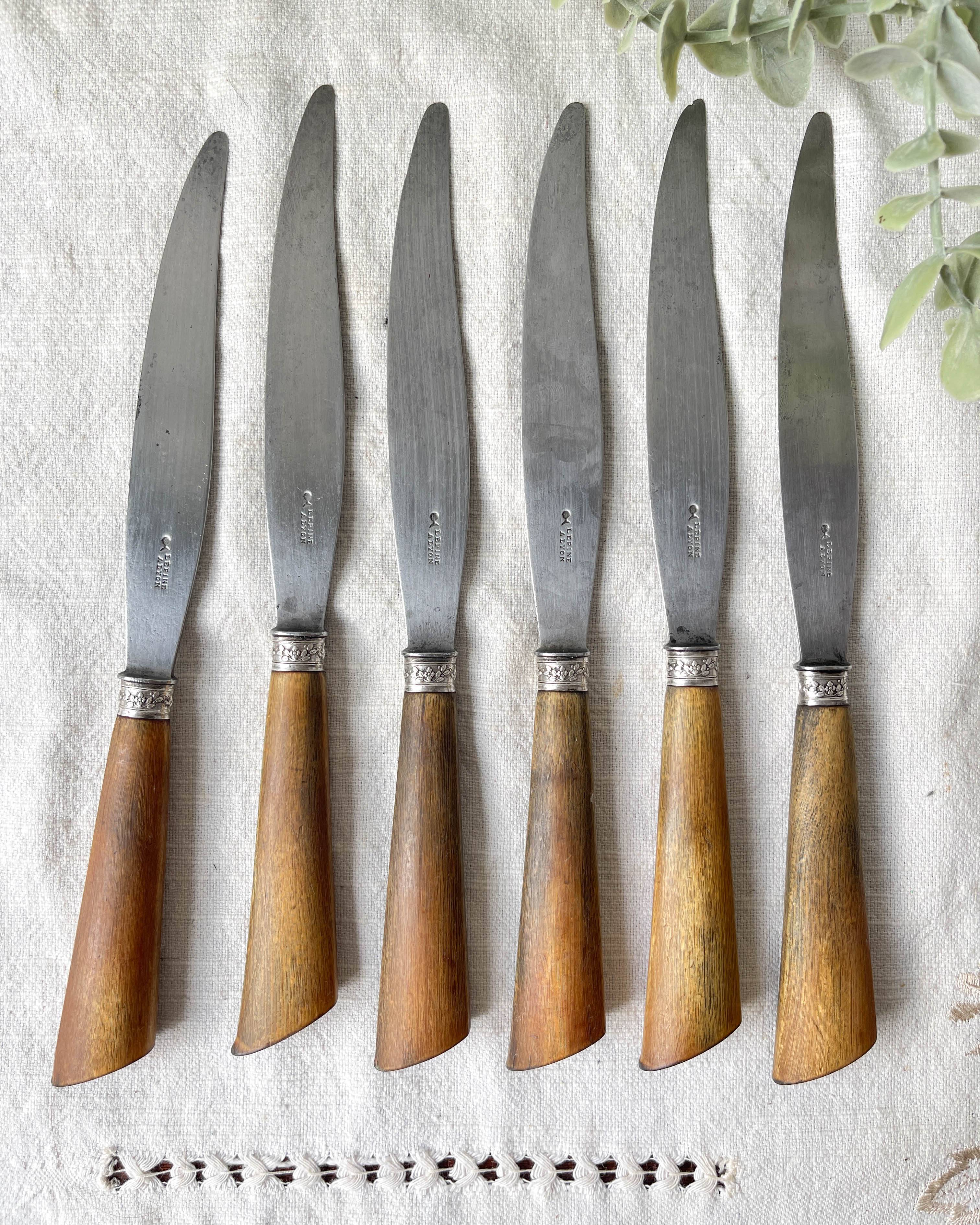 6 Vintage Horn Knives Silver Steel Blade LEPINE A LYON France 19th Century