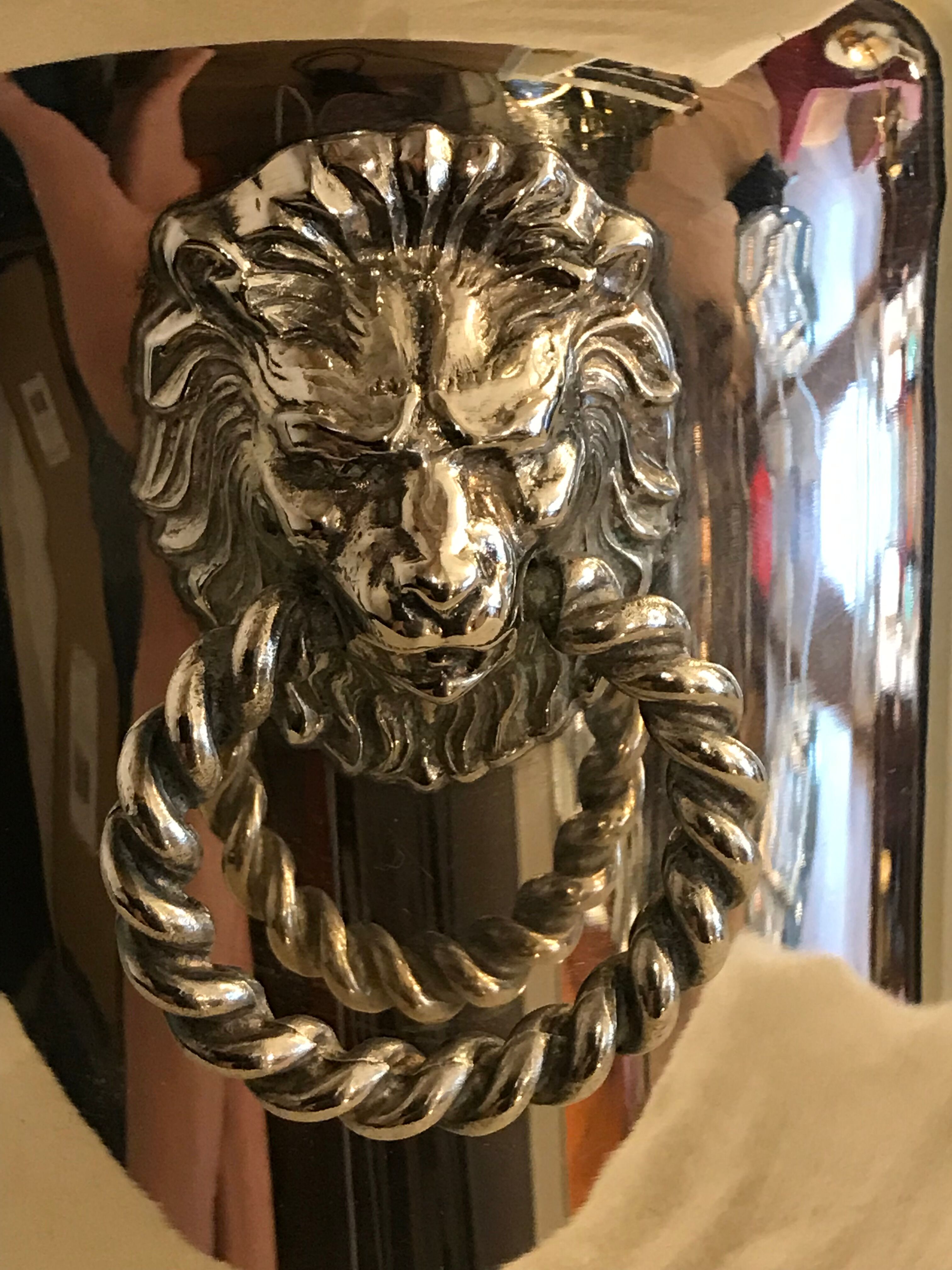 Ancient champagne bucket in silver metal with lion heads