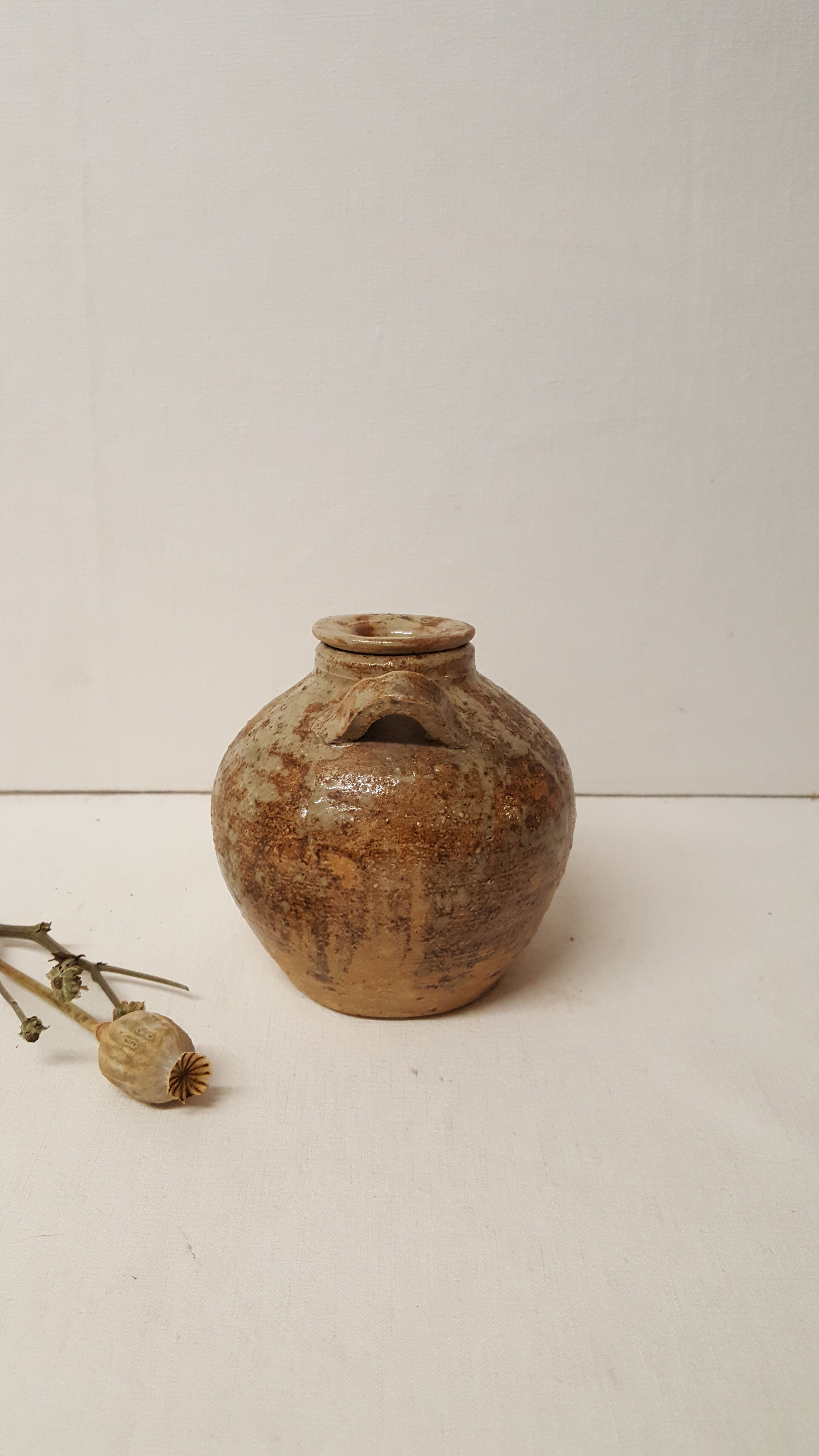 Pot with lid and double sandstone handle