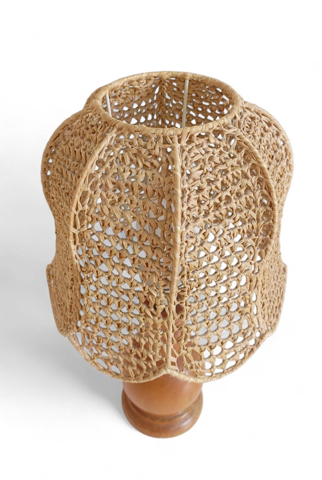 Mid-Century Bohemian Table Lamp, Pine Wood & Raffia, Italy, 1970s