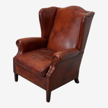 vintage dutch cognac colored wingback leather club chair