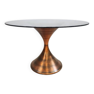 Vintage Italian design brass round dining table smoked glass