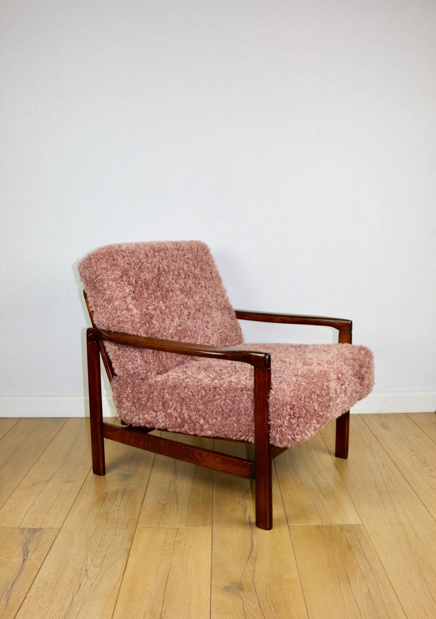 Wooden vintage brown armchair pink long hair proj. Z. Bączyk - 2 pieces available