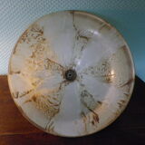 Suspension in gold metal with chains and opaque basin with brown cast designs -60s