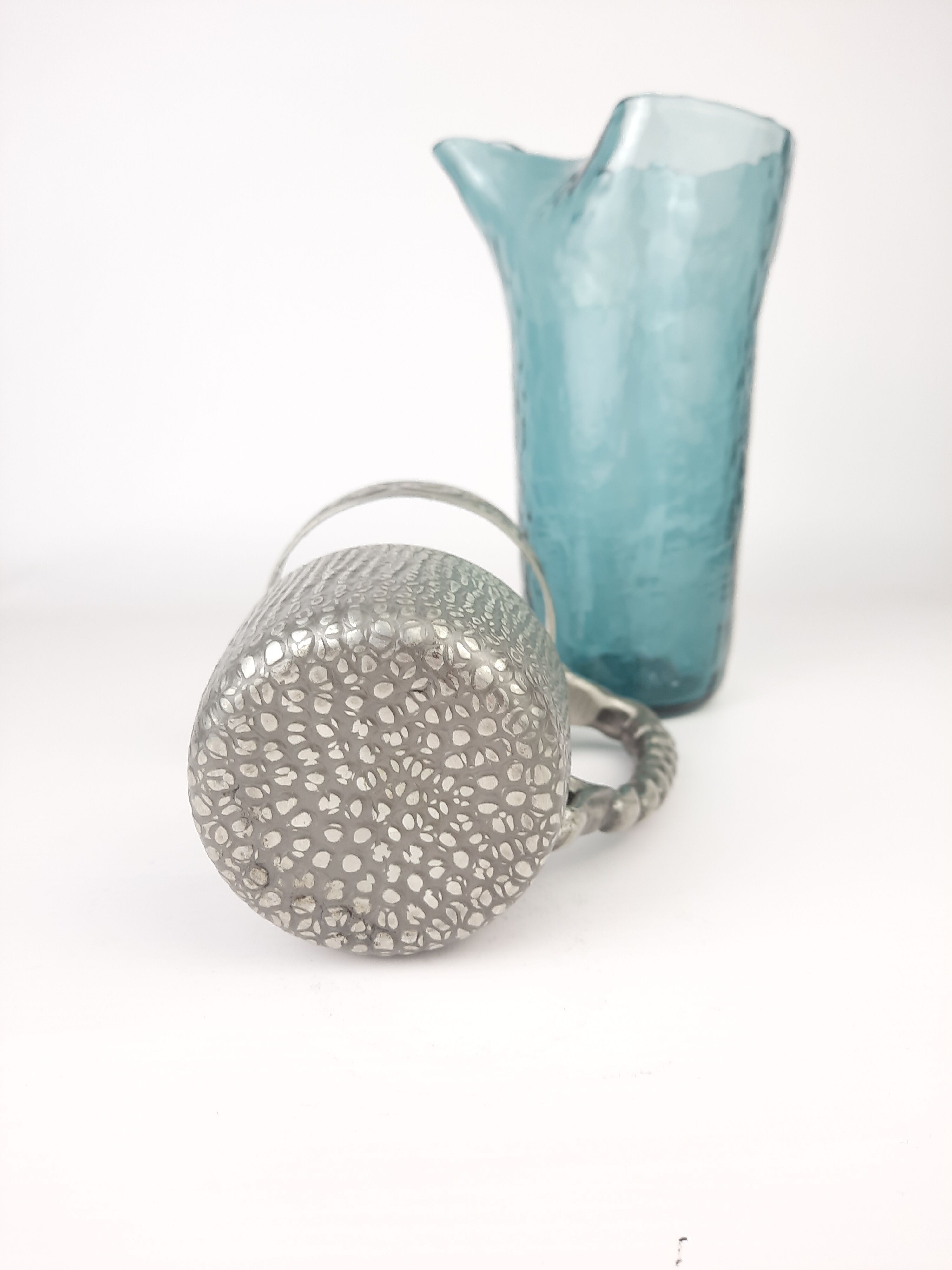 Hadeland Glass pitcher by Willy Johansson, pewter holder, vintage