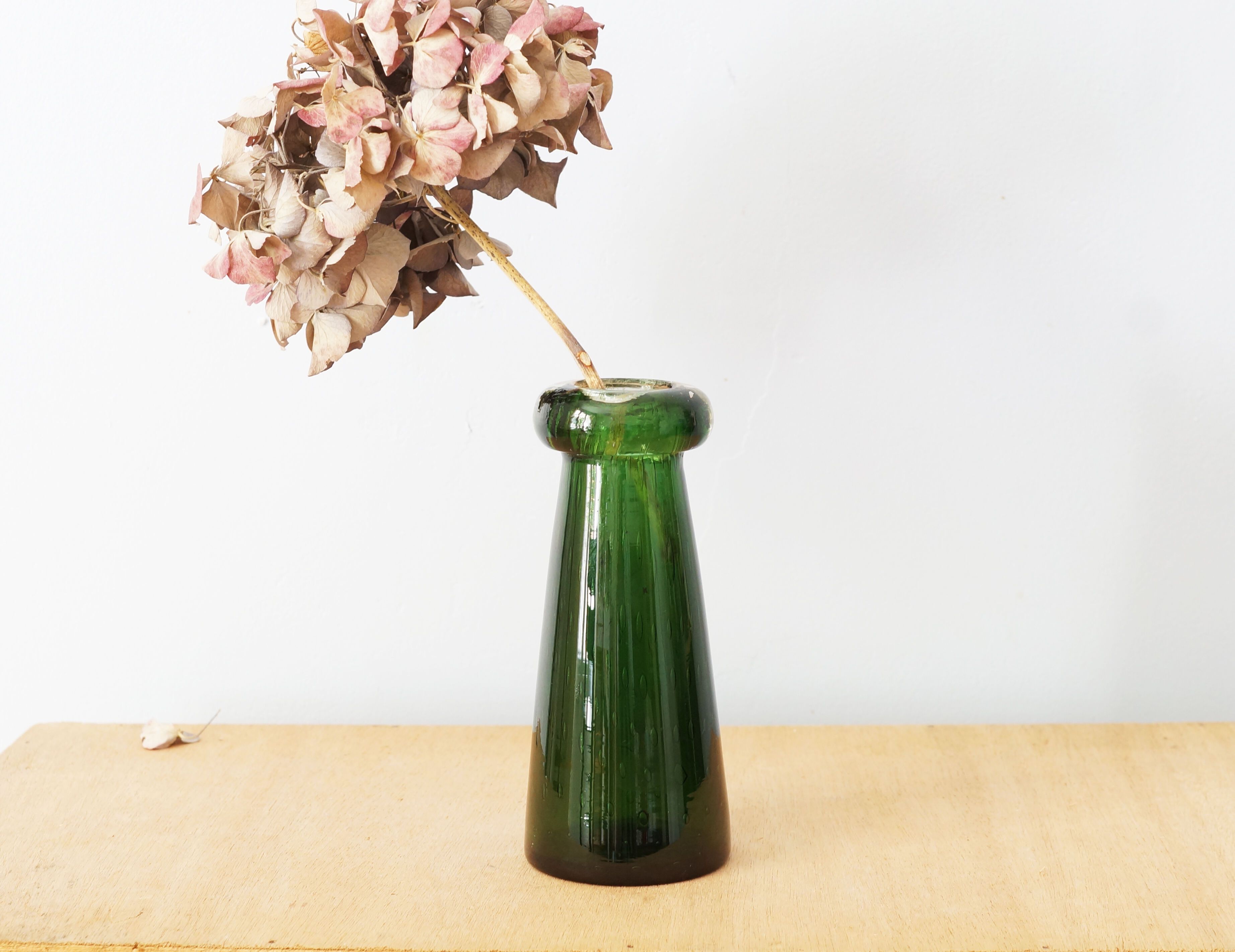 Green glass vase, bubbled blown glass, vintage