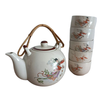 Service à thé chinoise avec théière et 5 tasses vintage