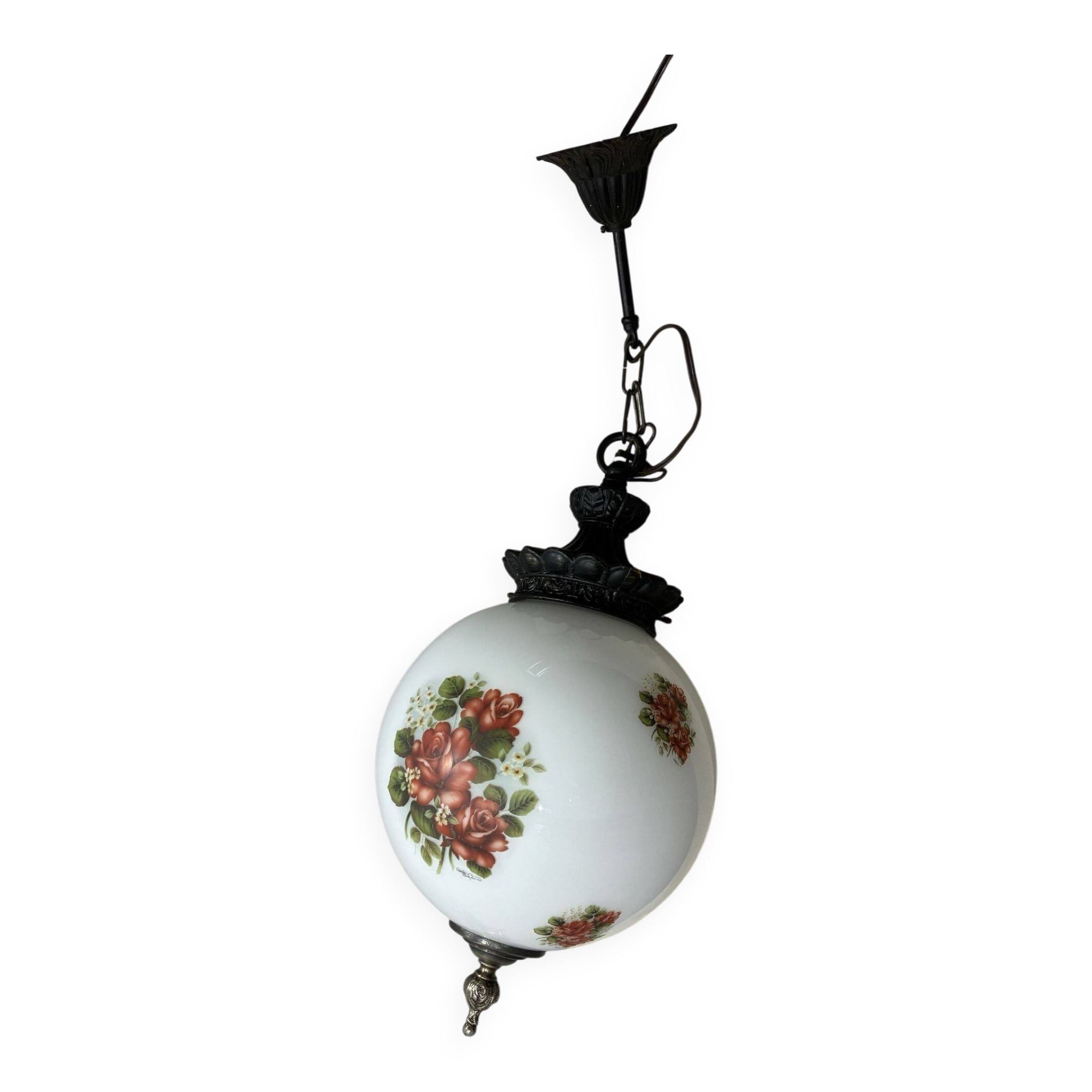 Massive opaline glass pendant light with rose decor, 1970s