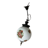 Massive opaline glass pendant light with rose decor, 1970s