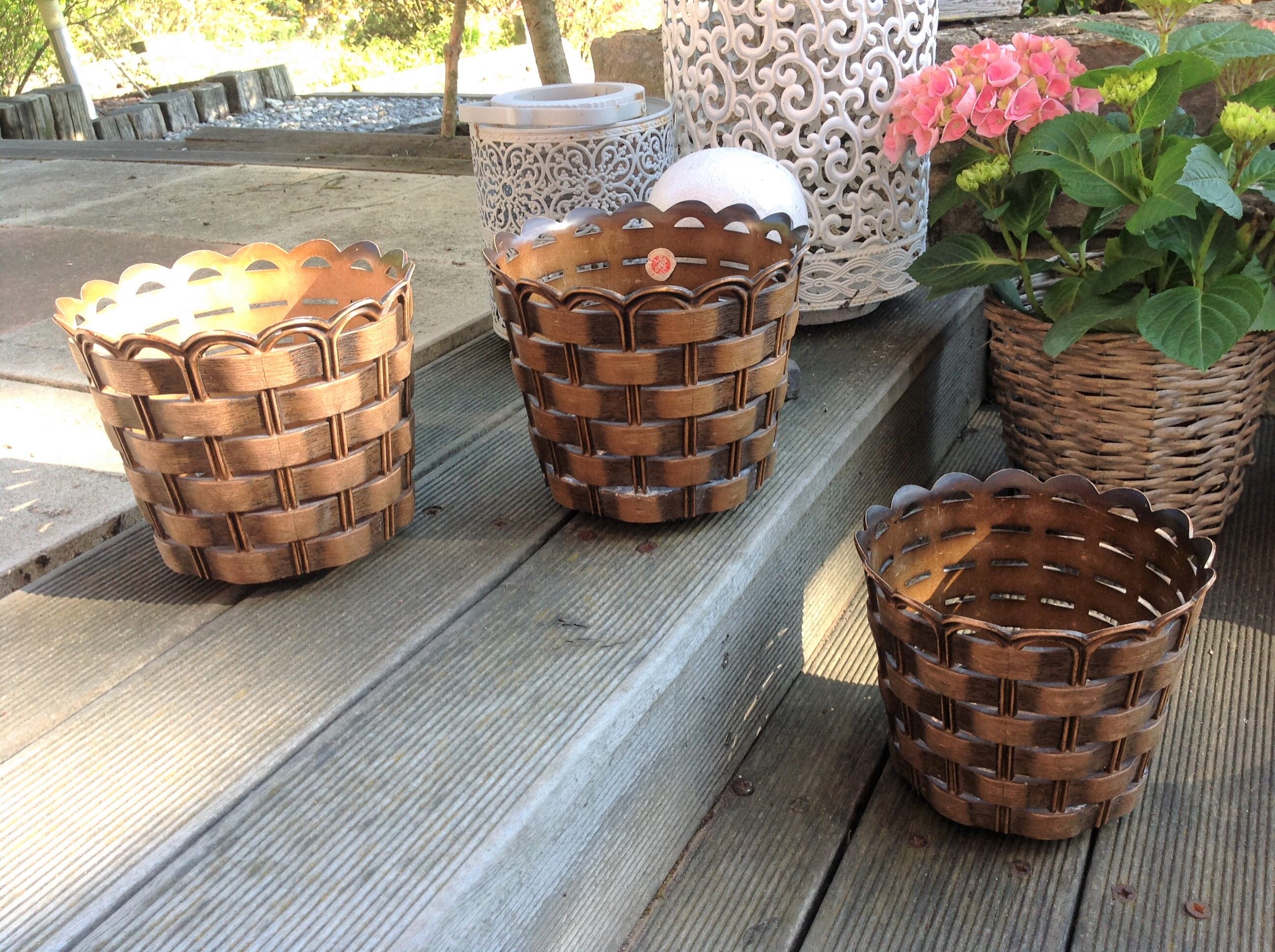 Suite of three cache pots imitation wicker braided by Emsa / vintage 60s-70s