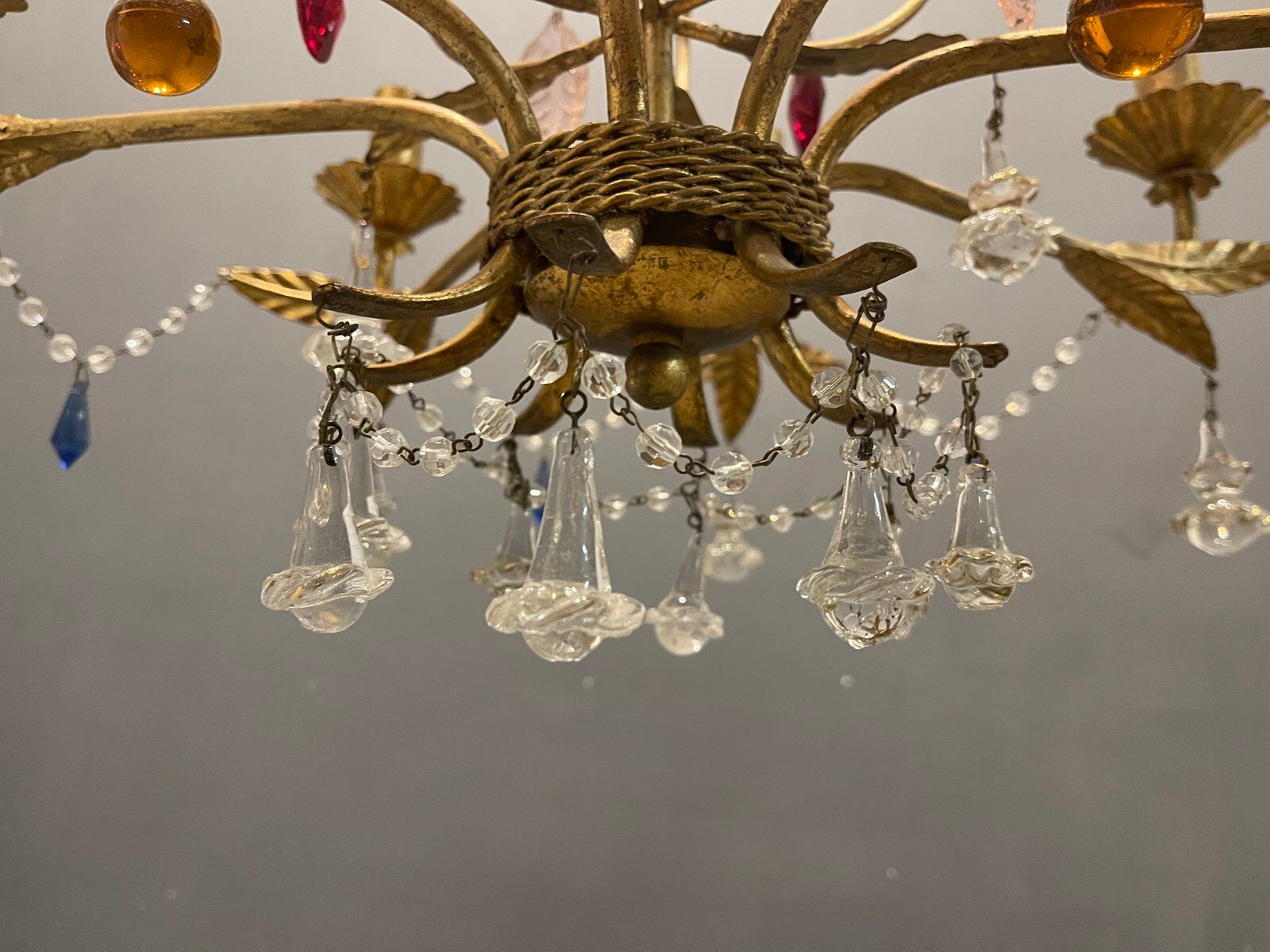 Italian Florentine Gold Gilded Murano Glass Chandelier