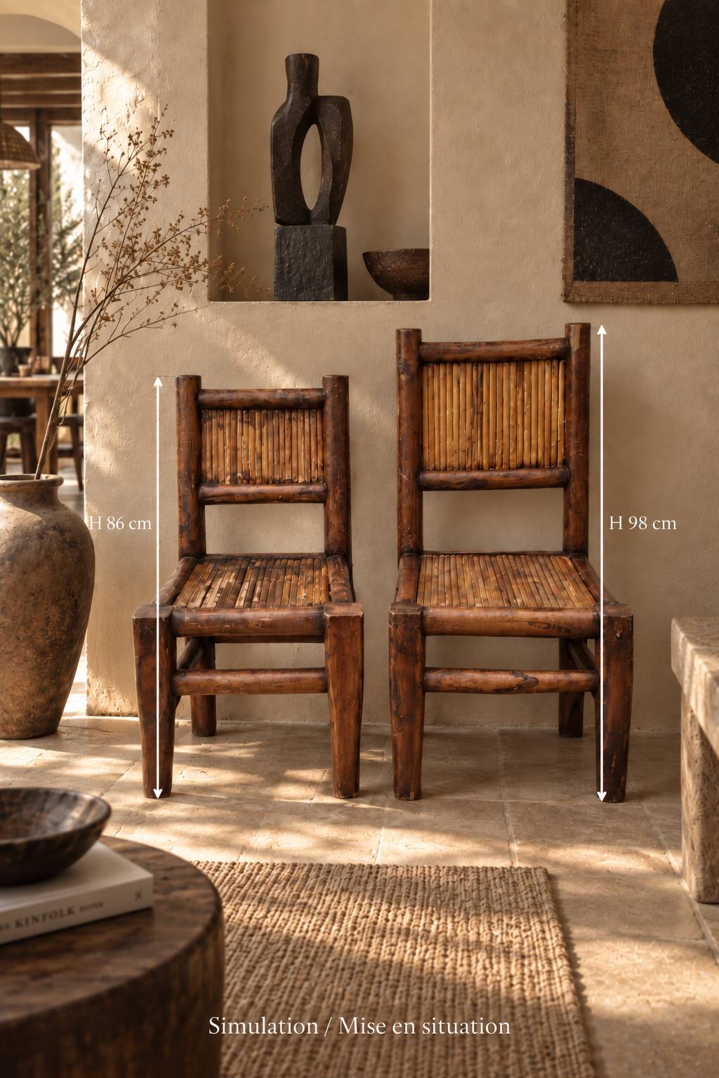 Pair of solid wood and bamboo chairs, brutalist style, 90 cm