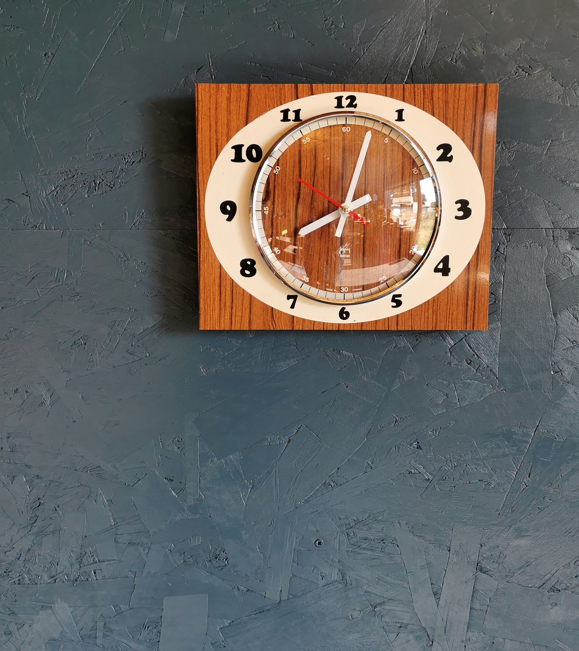 Vintage formica clock rectangular silent wall clock "Japy cream wood"