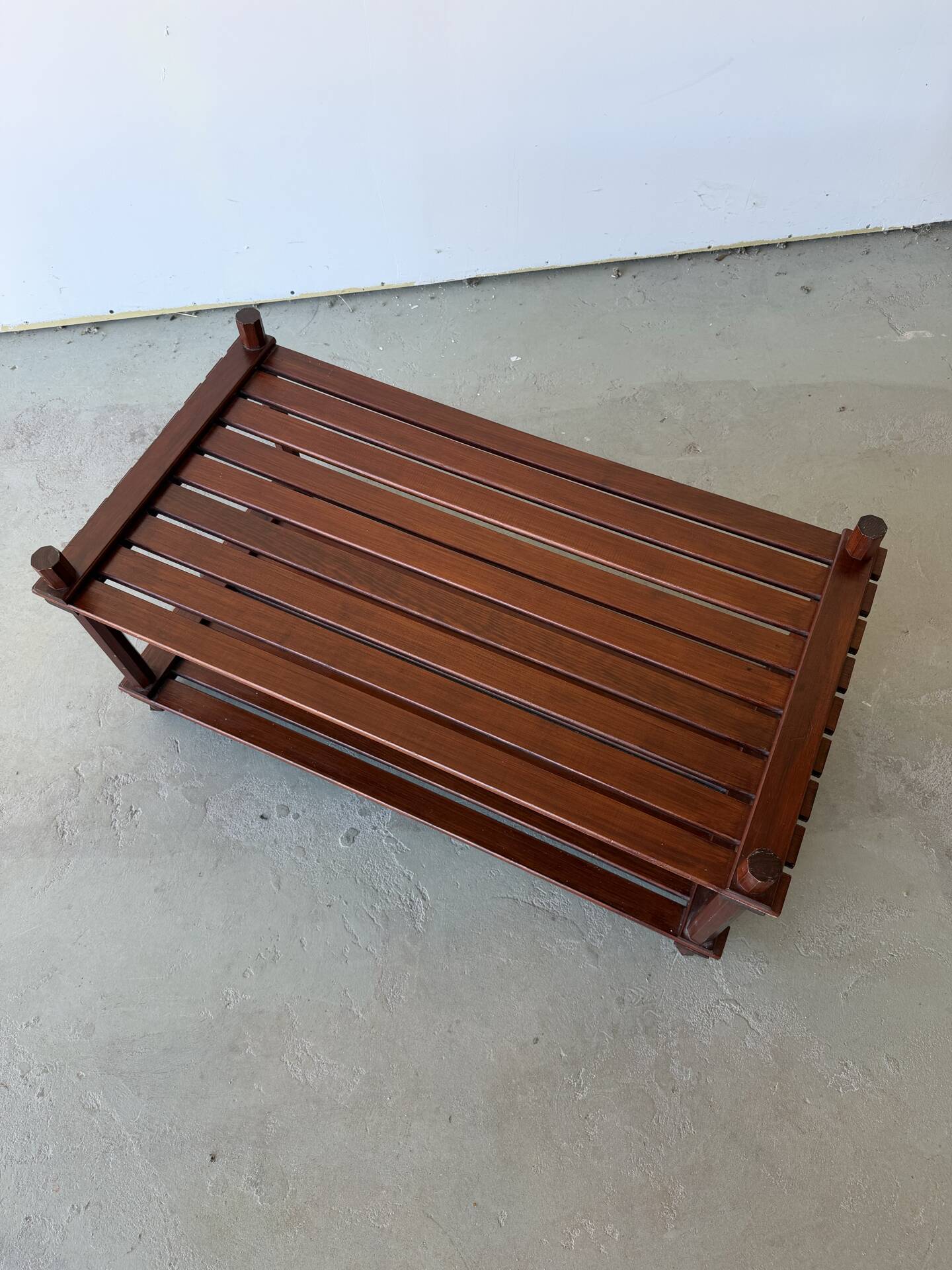 Pine slatted coffee table in vintage 1970s Scandinavian design.