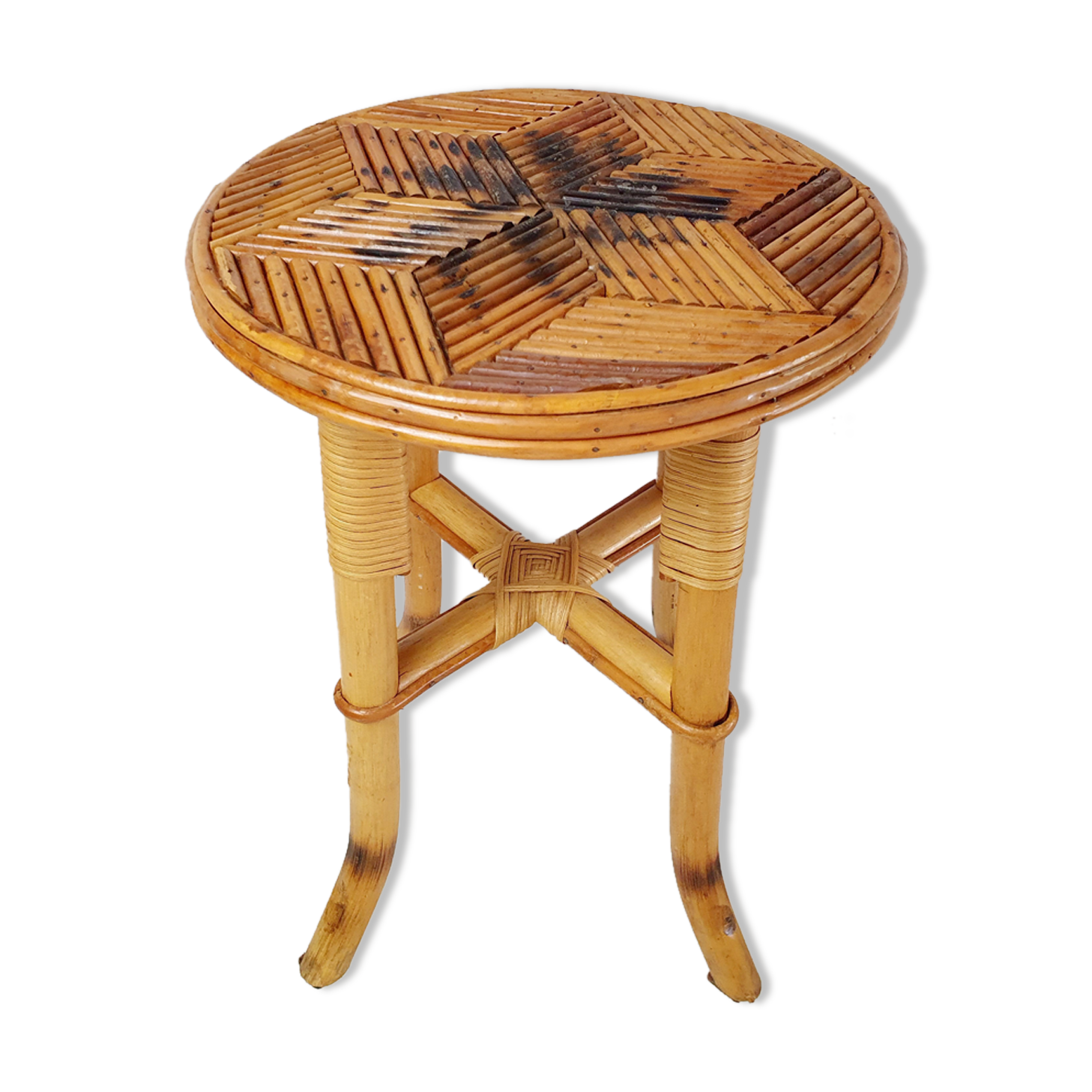 Tabouret en marqueterie de rotin 1960