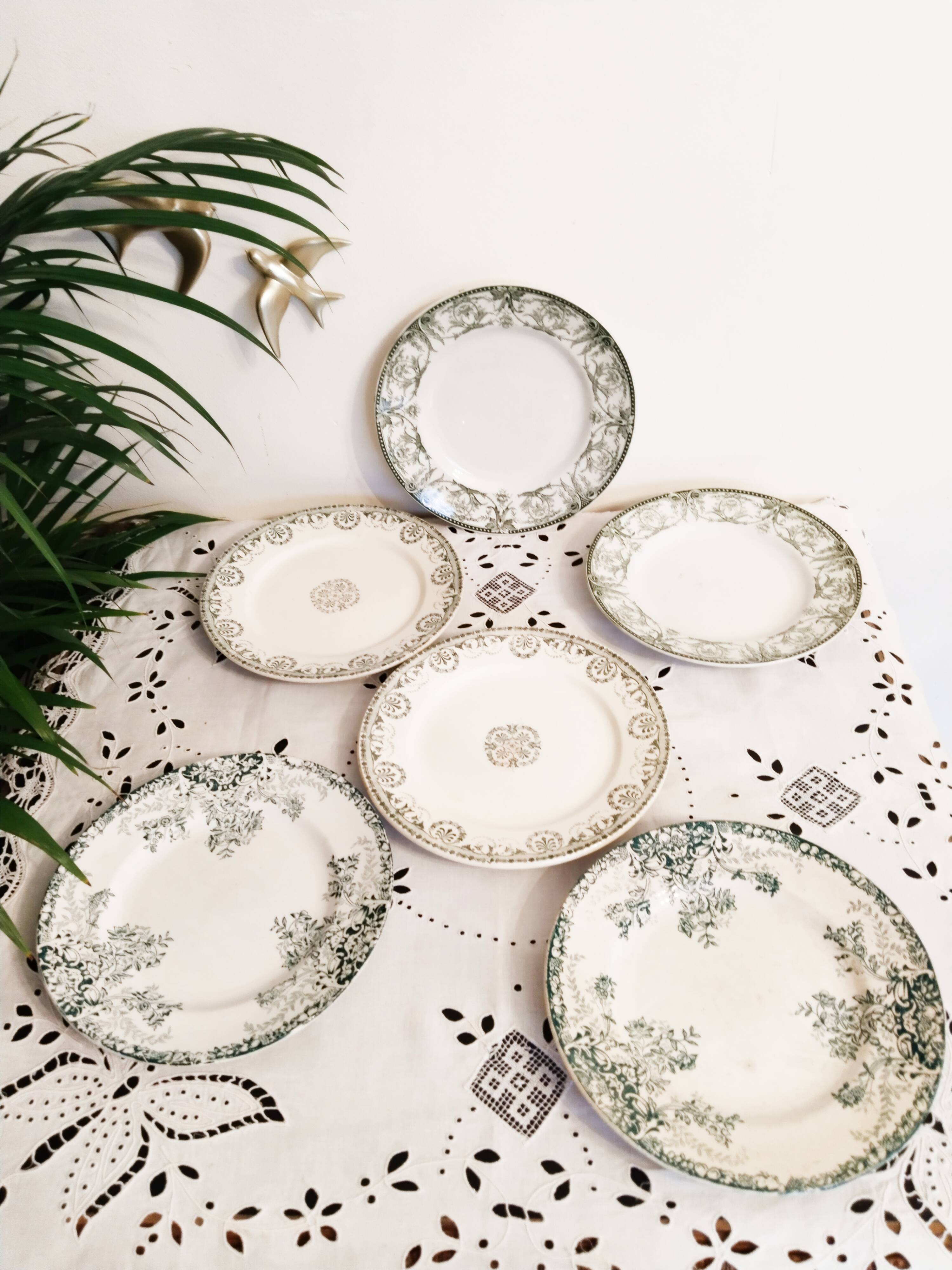 Set of 6 dinner plates in Terre de fer earthenware, blue green color