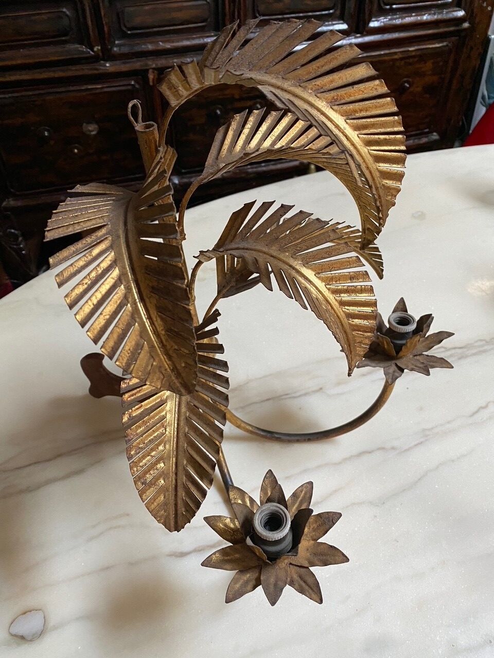 Pair of vintage golden palm leaf sconces