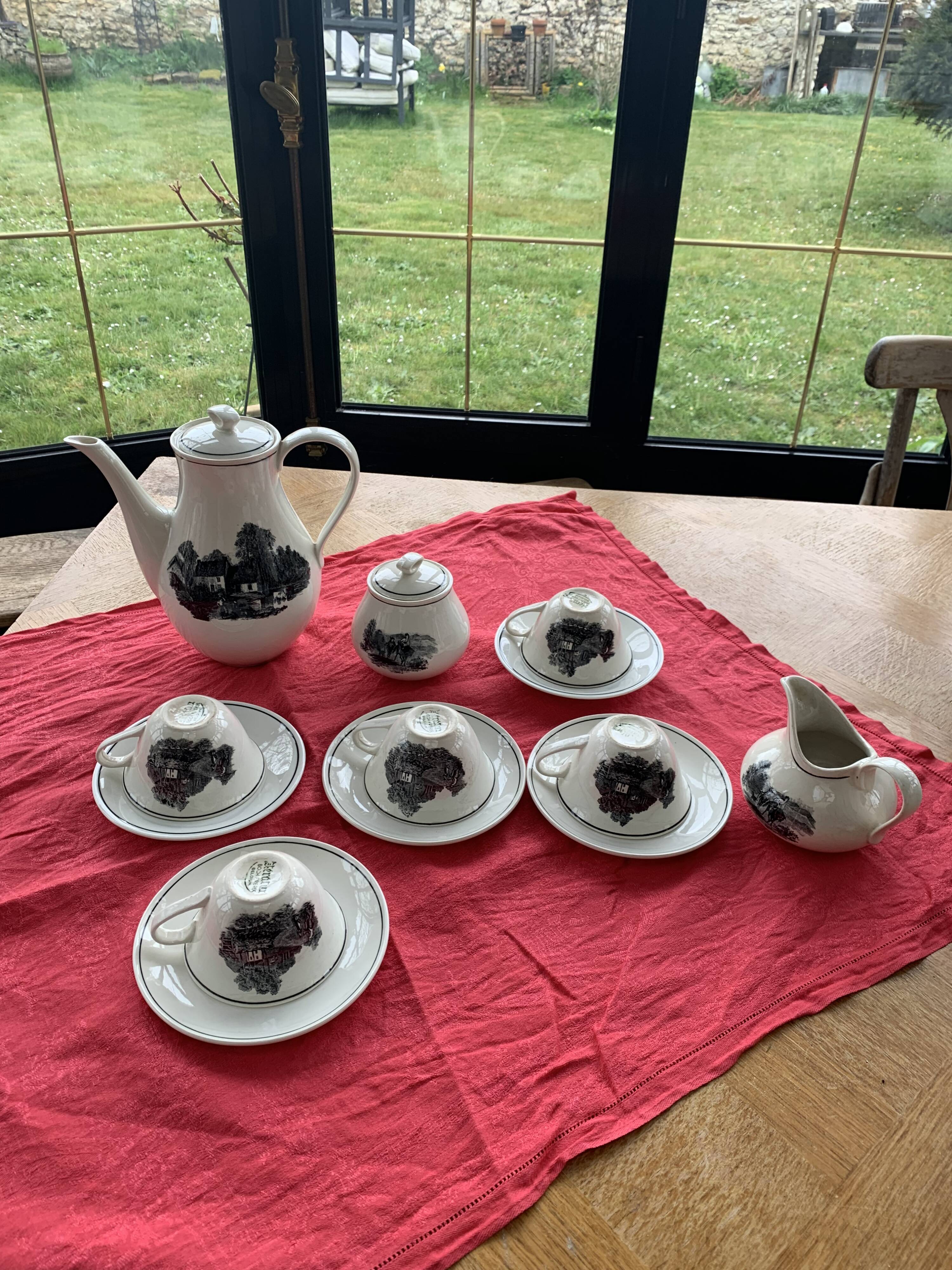 Coffee service keraluX boch Freres Belgium peasant scenes art deco