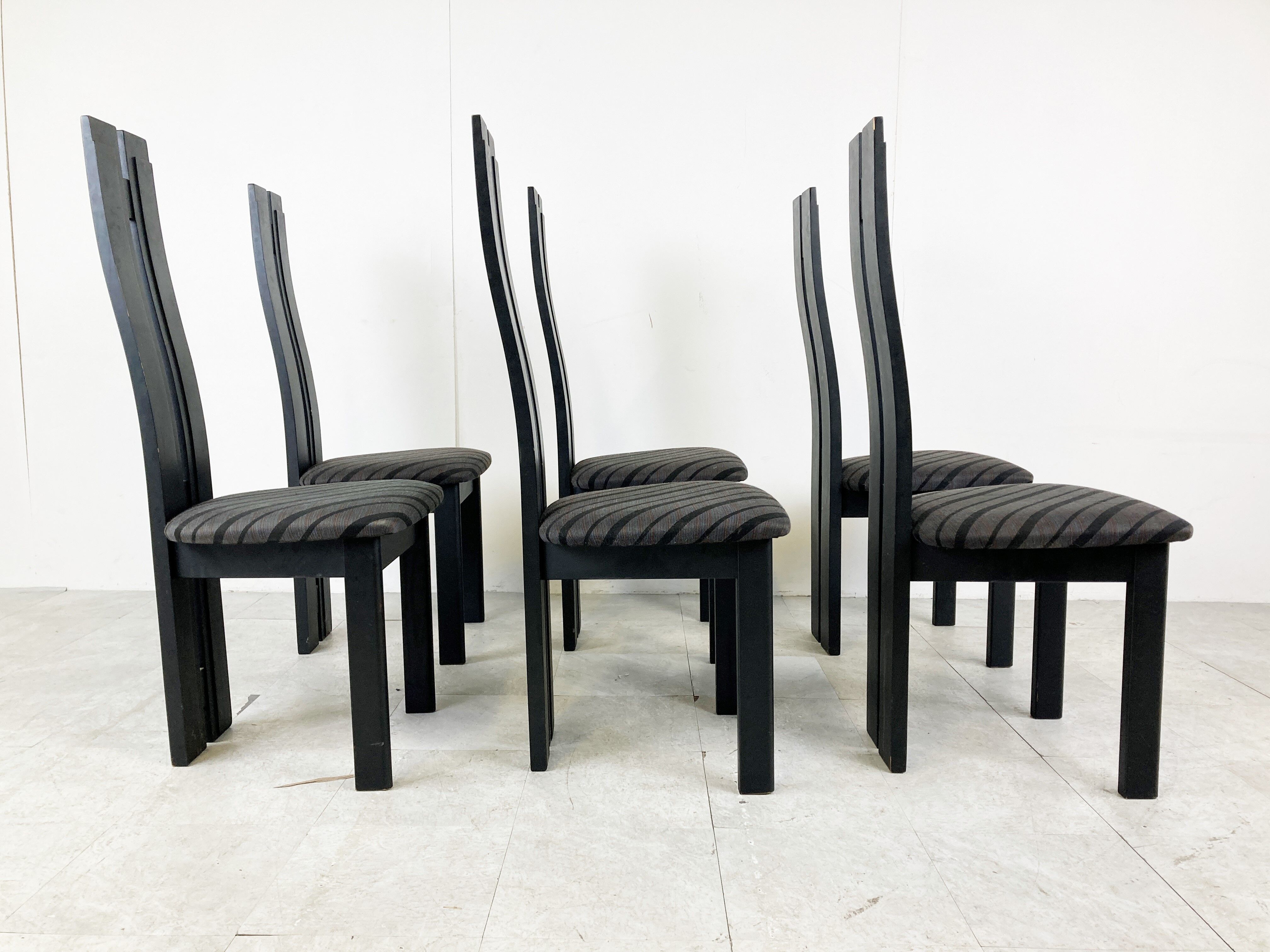 Set of 6 black wooden high back dining chairs - 1980s