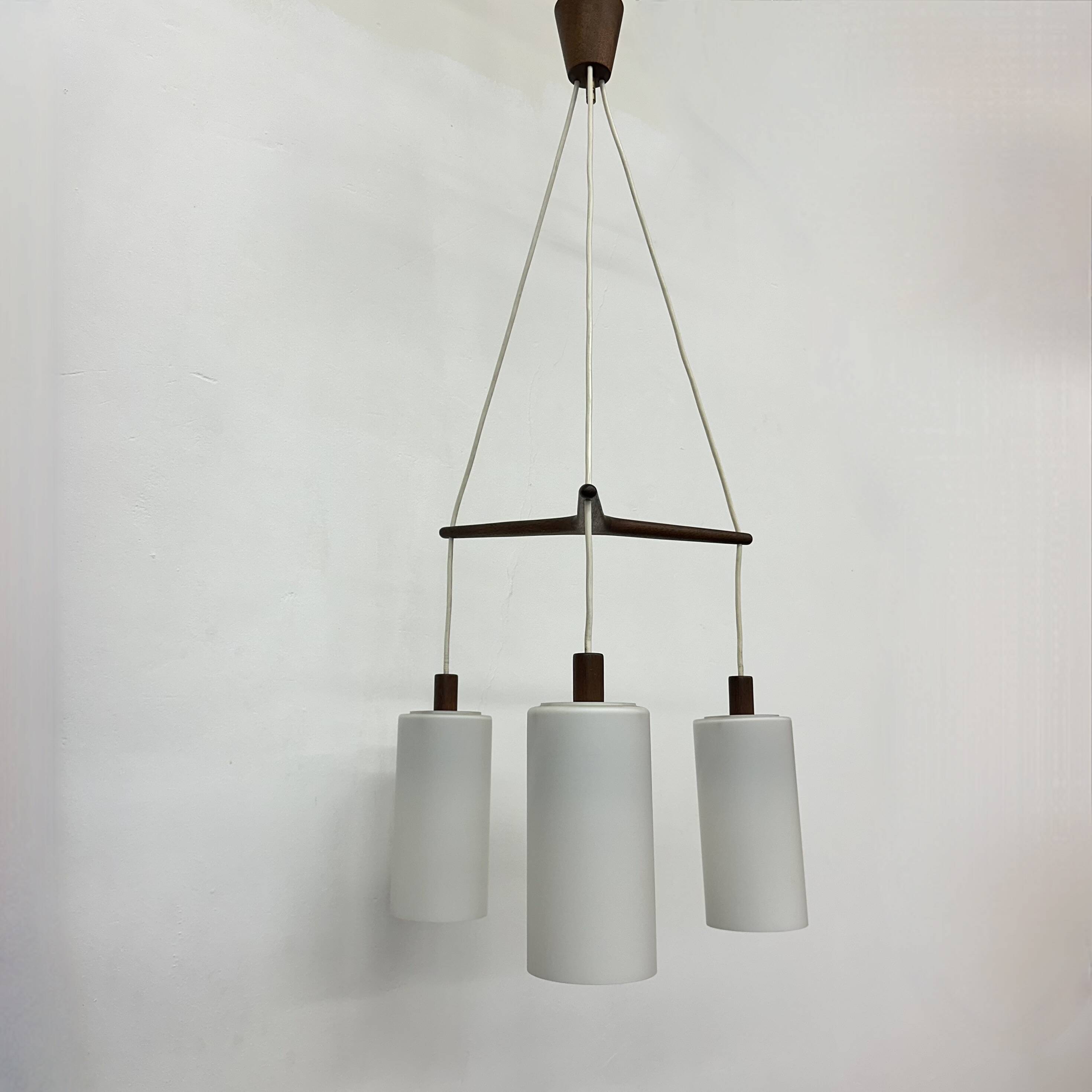 Mid-century design pendant lamp teak and opaline glass , 1970s